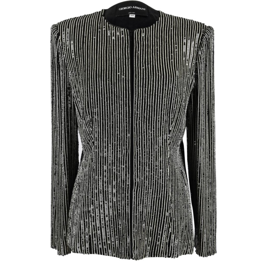Giorgio Armani Jacke Perlen verkrustete Nadelstreifen Schwarz und Weiß 48 10 bis 12 1