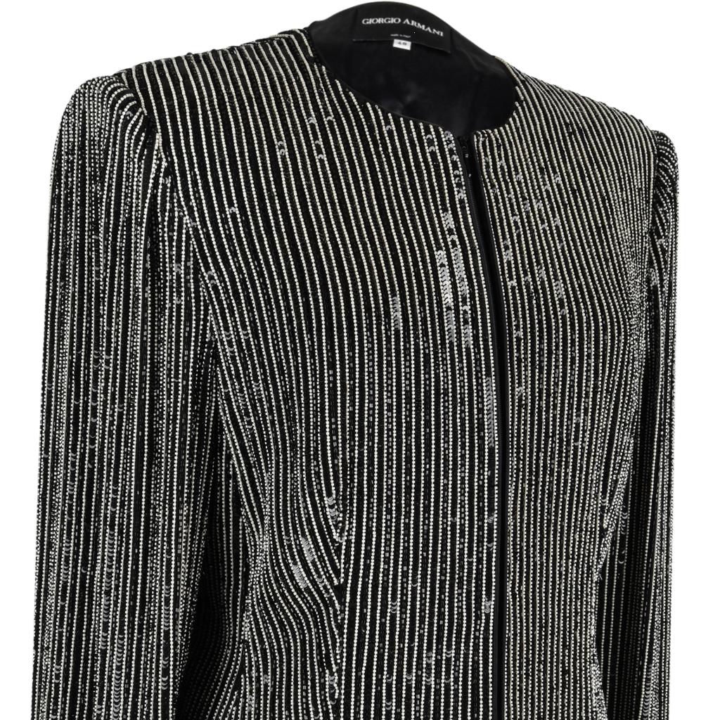 Giorgio Armani Jacket Bead Encrusted Pinstripe Black and White 48 10 to 12 2