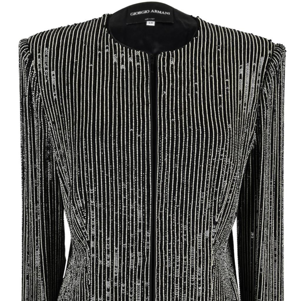 Giorgio Armani Jacket Bead Encrusted Pinstripe Black and White 48 10 to 12 4