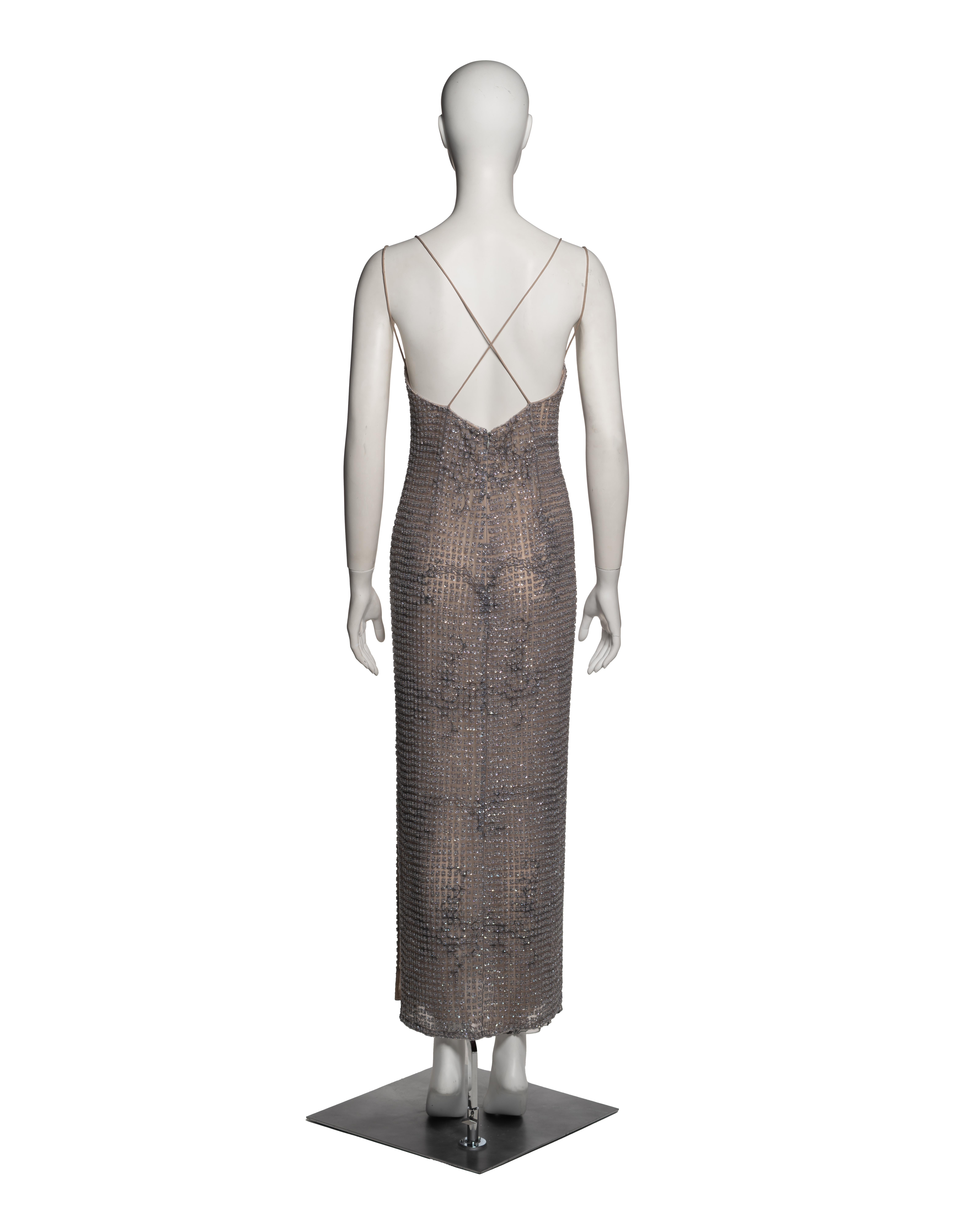 Giorgio Armani Lavender and Nude Floral Beaded Mesh Evening Dress, SS 2000 For Sale 5