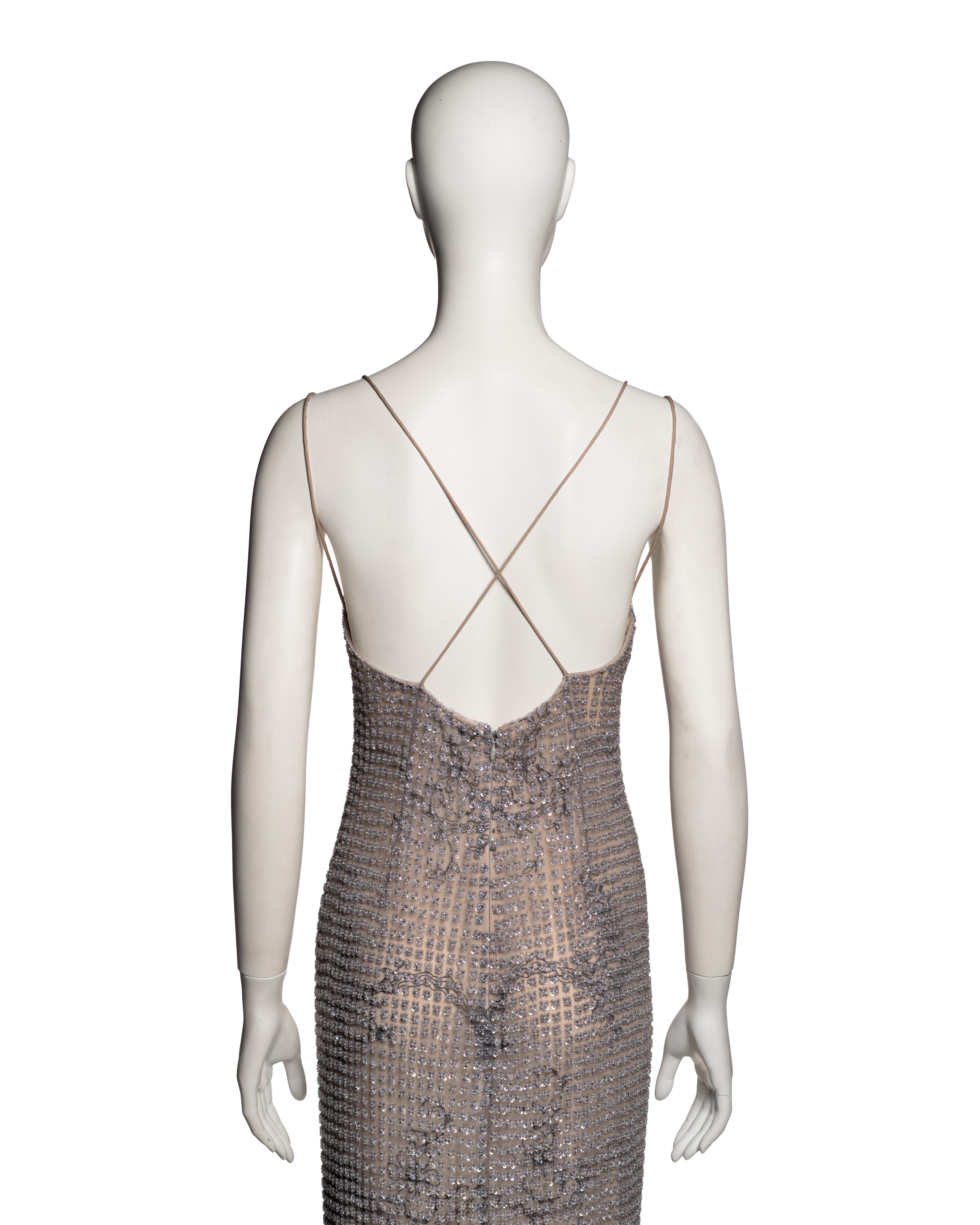 Giorgio Armani Lavender and Nude Floral Beaded Mesh Evening Dress, SS 2000 For Sale 6