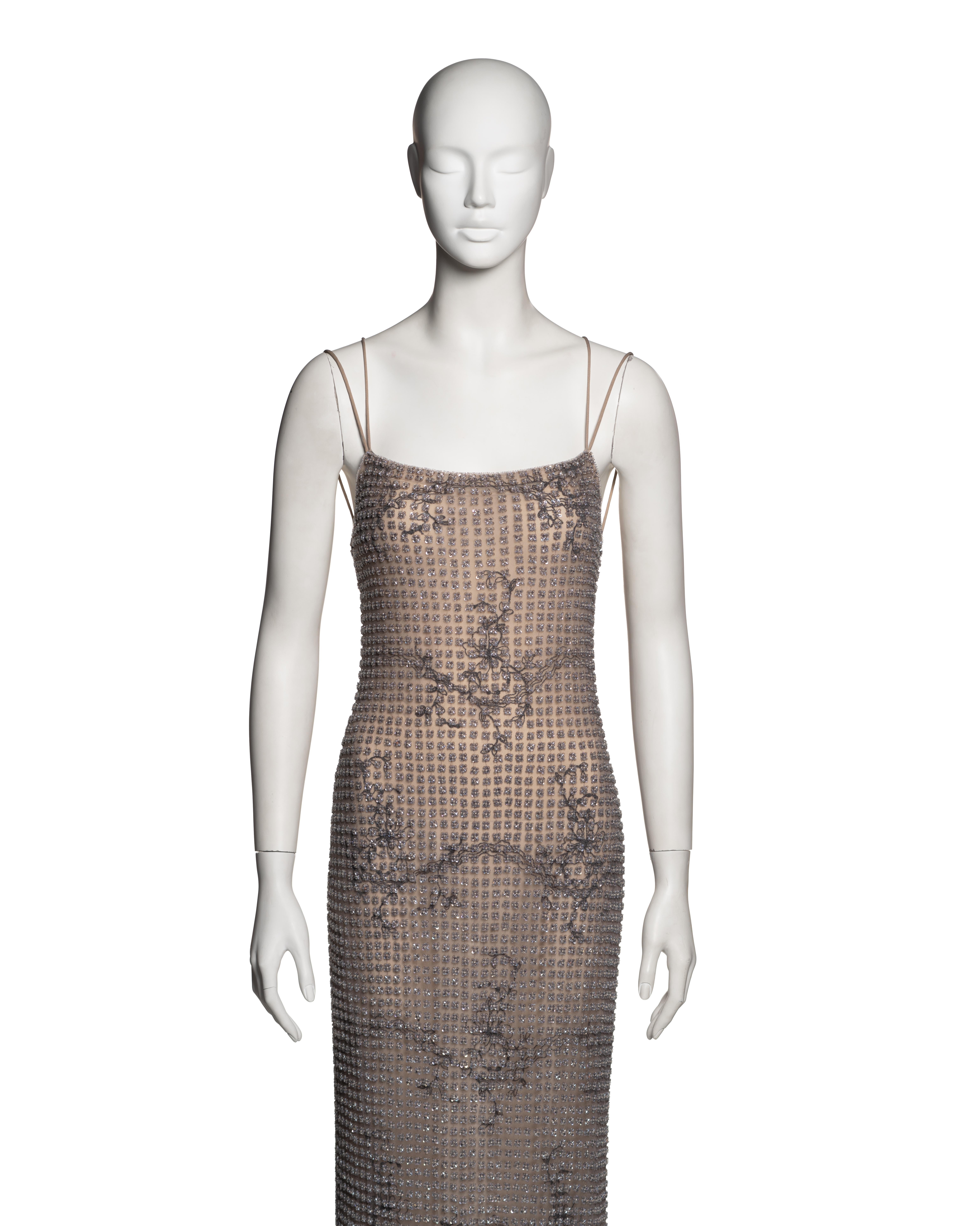 Gray Giorgio Armani Lavender and Nude Floral Beaded Mesh Evening Dress, SS 2000 For Sale