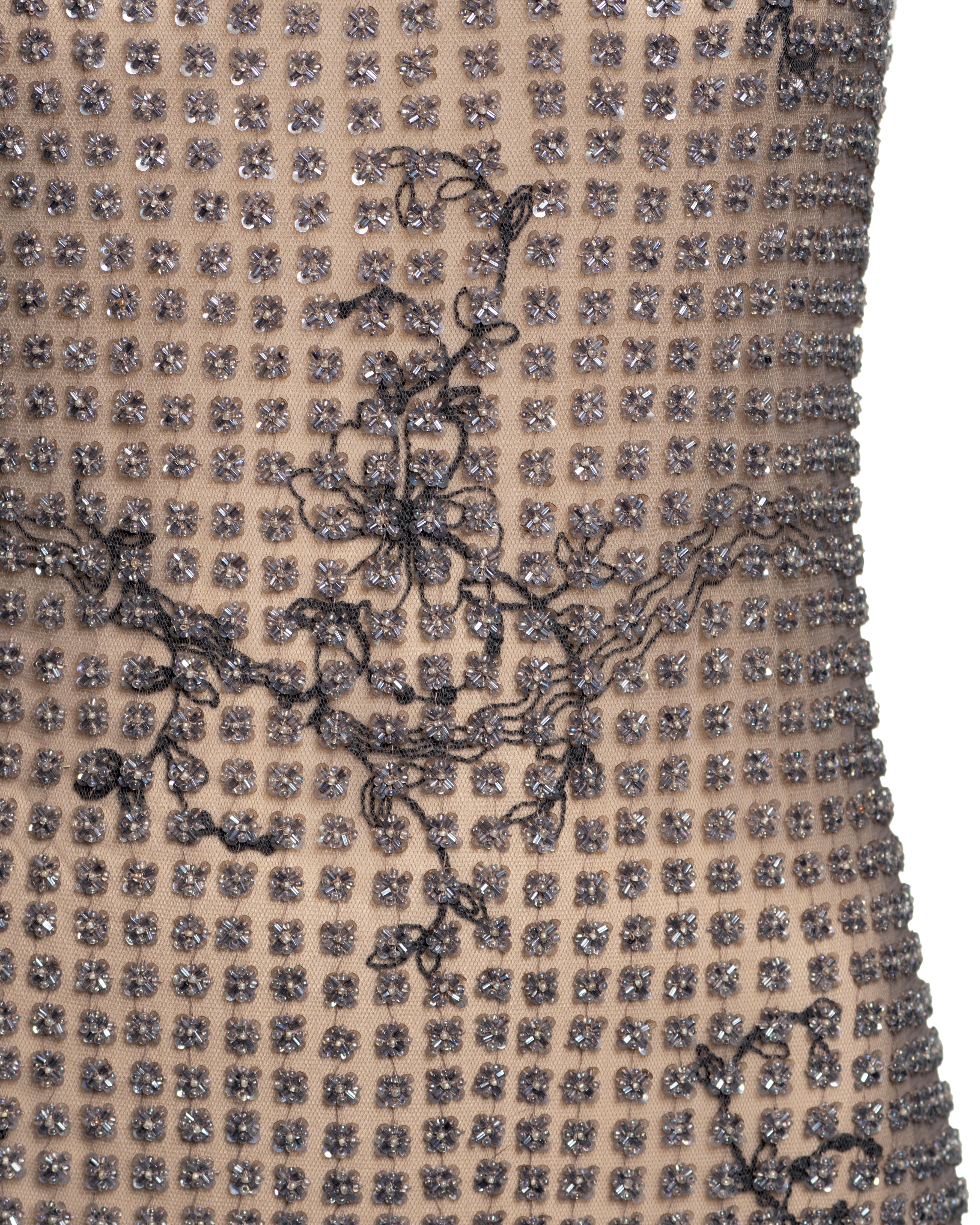 Giorgio Armani Lavender and Nude Floral Beaded Mesh Evening Dress, SS 2000 In Excellent Condition For Sale In London, GB