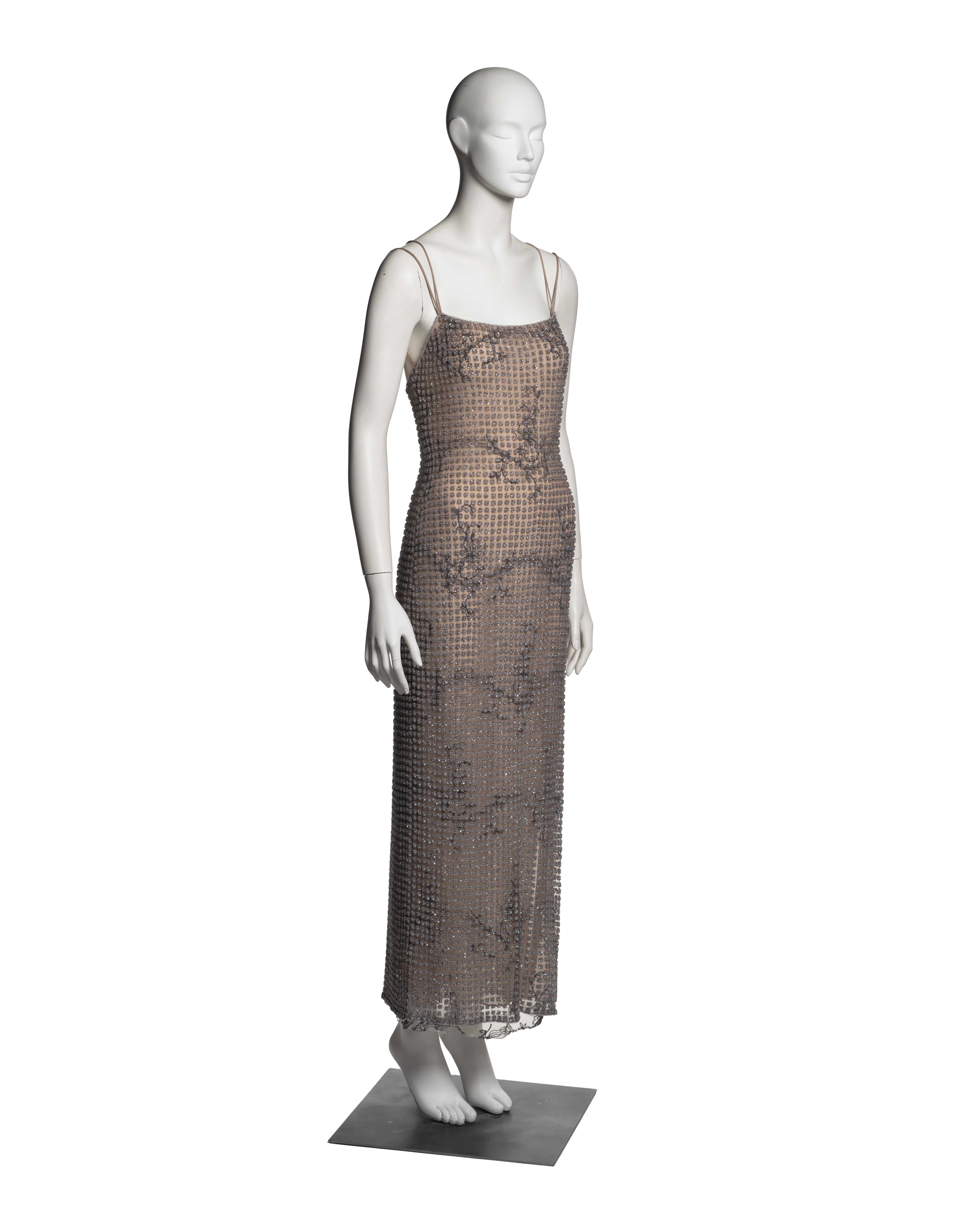 Women's Giorgio Armani Lavender and Nude Floral Beaded Mesh Evening Dress, SS 2000 For Sale