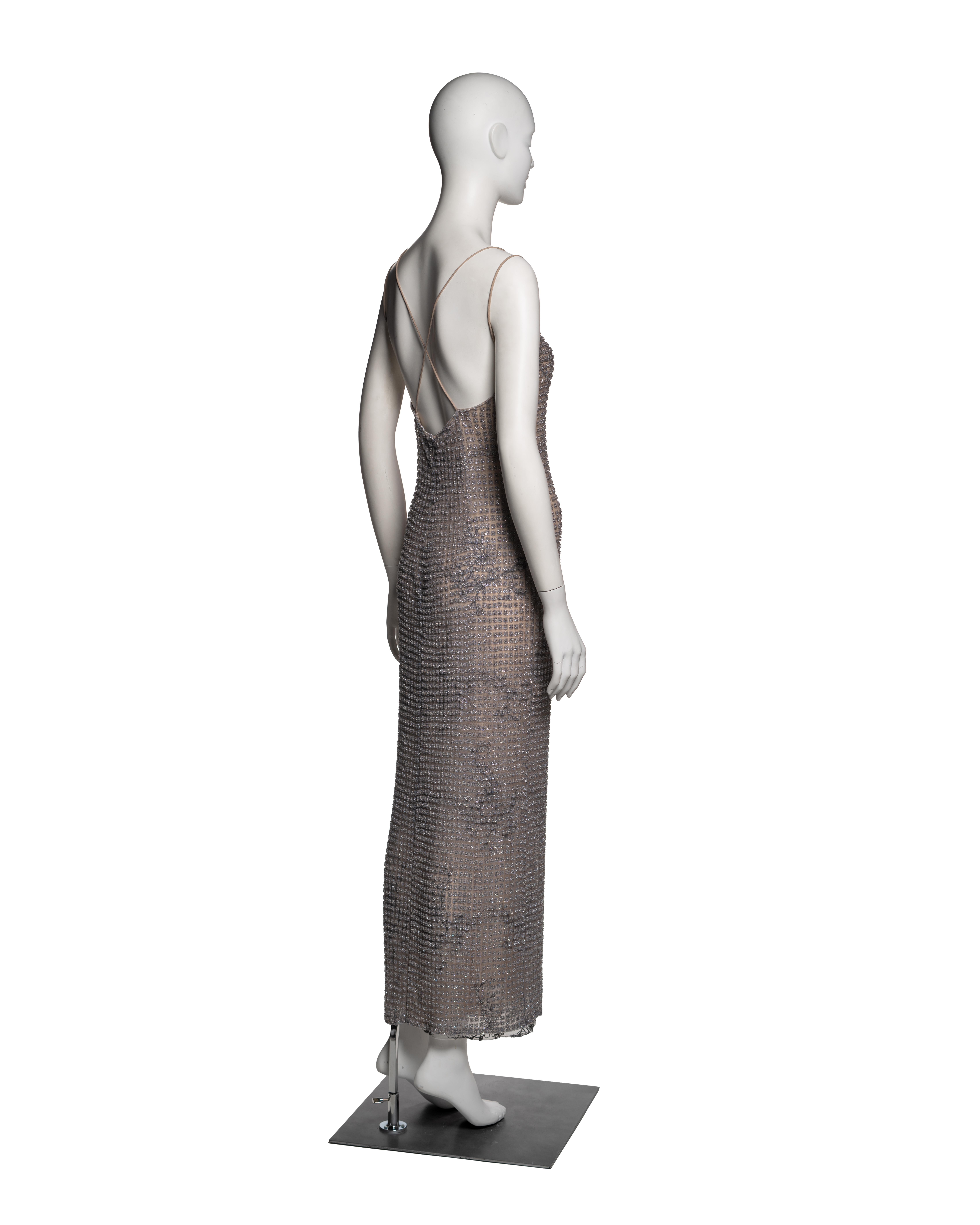 Giorgio Armani Lavender and Nude Floral Beaded Mesh Evening Dress, SS 2000 For Sale 3