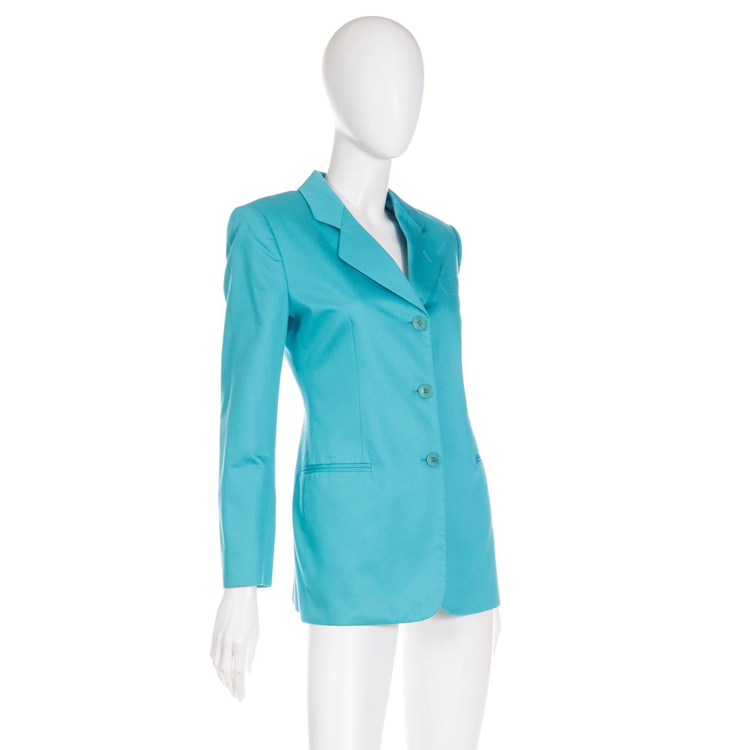 Giorgio Armani Le Collezioni Aqua Blue Women's Longline Blazer Jacket In Excellent Condition In Portland, OR