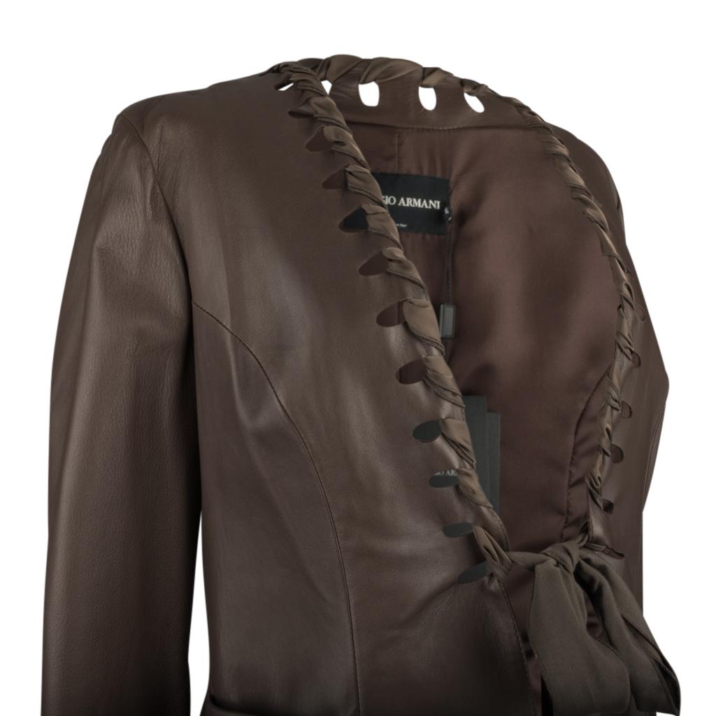 Gray Giorgio Armani Leather Jacket Ribbon Detail Medium Brown 44 / 8 New