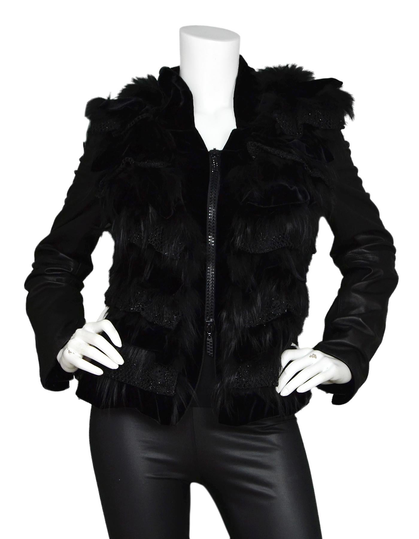 Giorgio Armani Leather Jacket W/ Crystal Zip, Velvet & Fur Trim Sz 40

Made In:  Italy
Color: Black
Materials: 75% viscose, 25% silk, fox hair, lambskin
Lining: 100% silk
Opening/Closure: Zip front
Overall Condition: Excellent pre-owned condition
