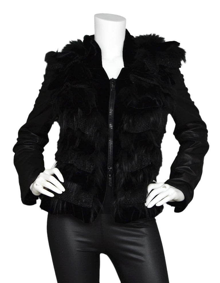 Giorgio Armani Leather Jacket W/ Crystal Zip, Velvet and Fur Trim Sz 40 ...