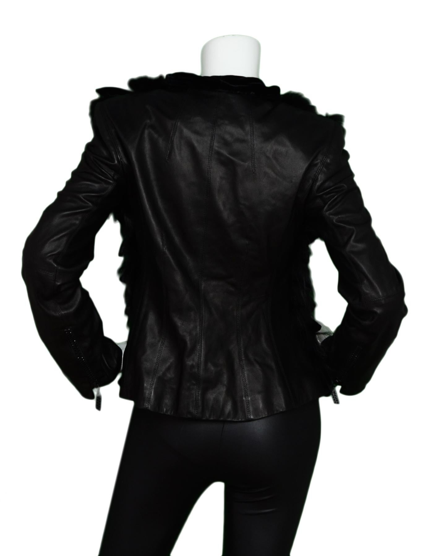 Black Giorgio Armani Leather Jacket W/ Crystal Zip, Velvet & Fur Trim Sz 40