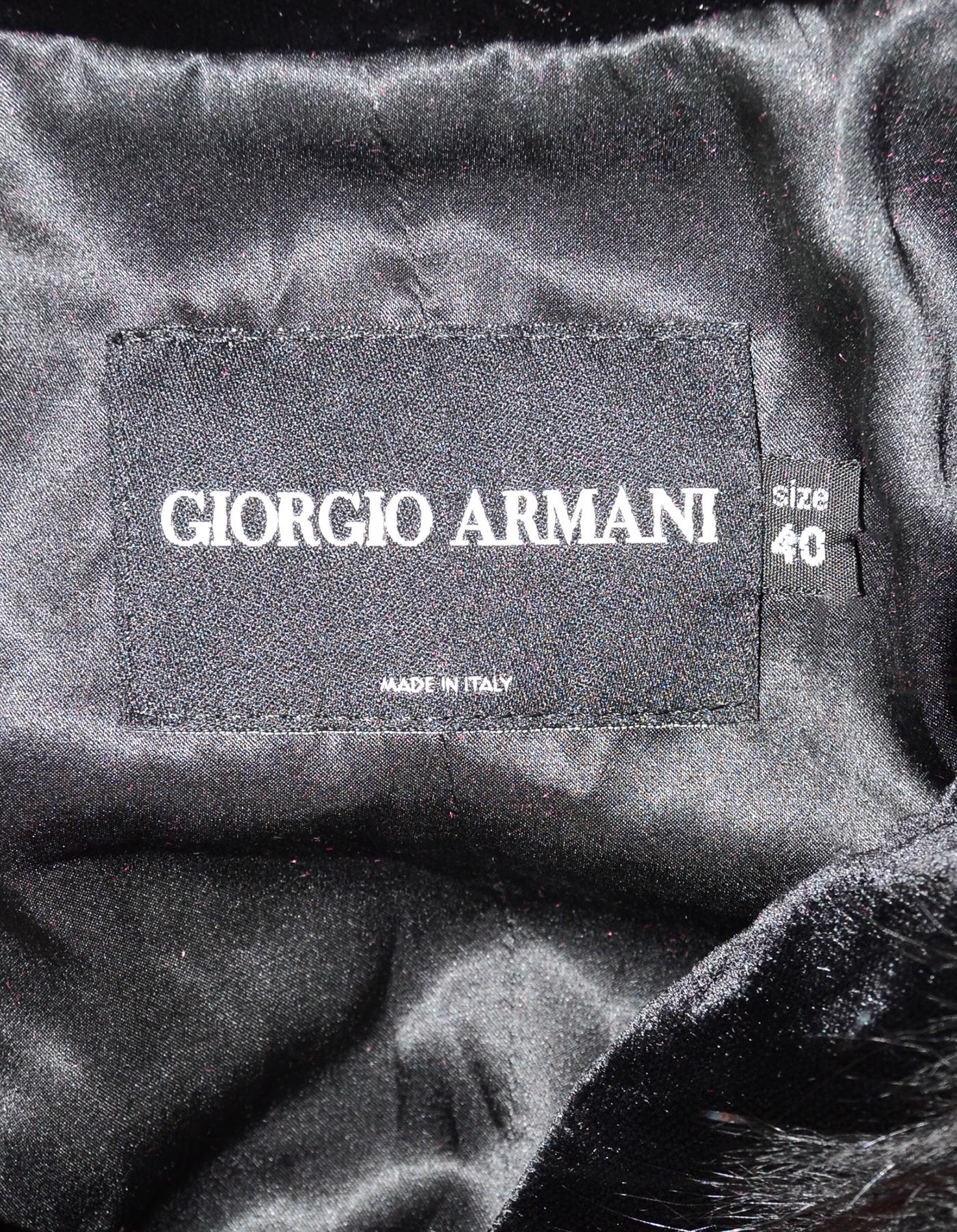 Giorgio Armani Leather Jacket W/ Crystal Zip, Velvet & Fur Trim Sz 40 In Excellent Condition In New York, NY