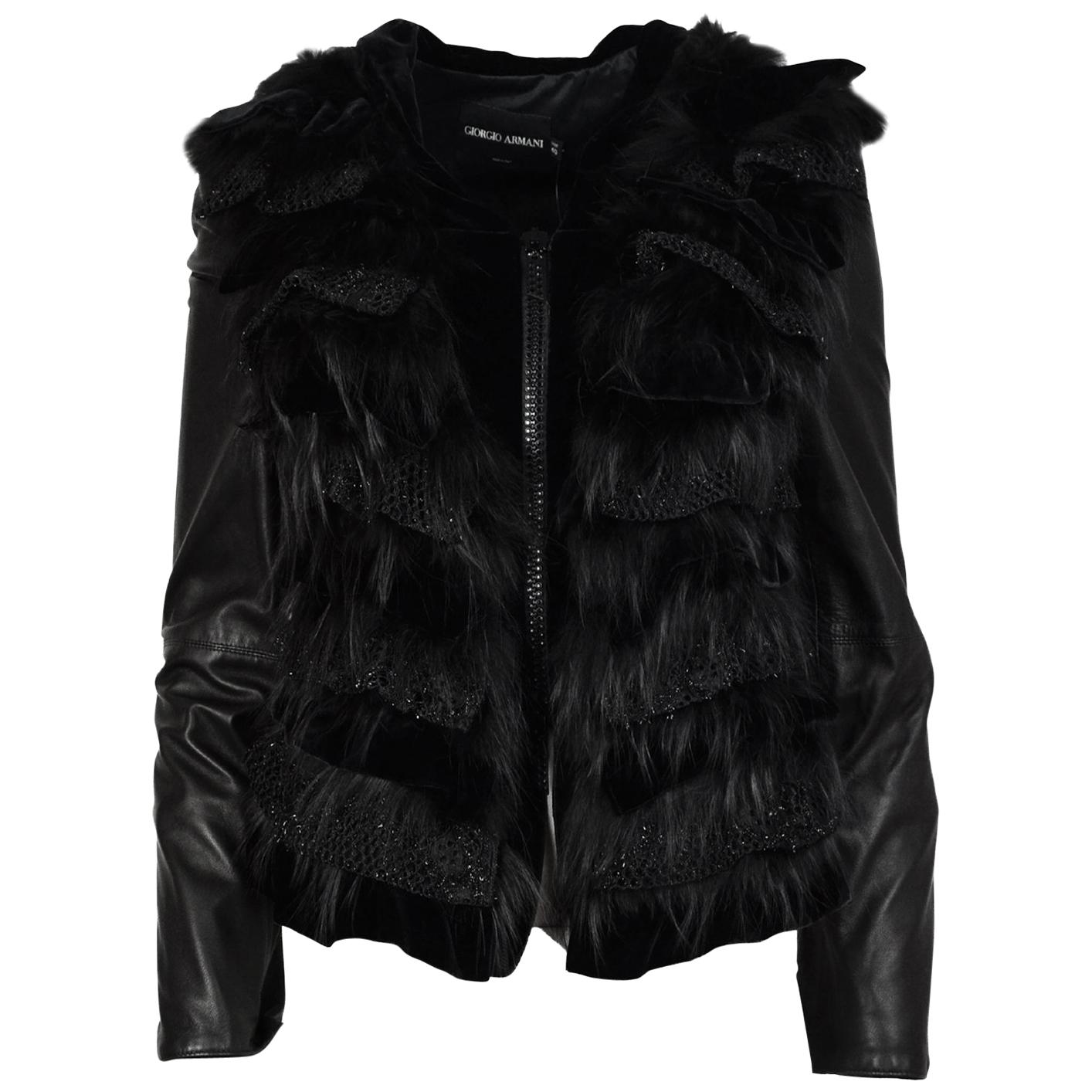 Giorgio Armani Leather Jacket W/ Crystal Zip, Velvet & Fur Trim Sz 40