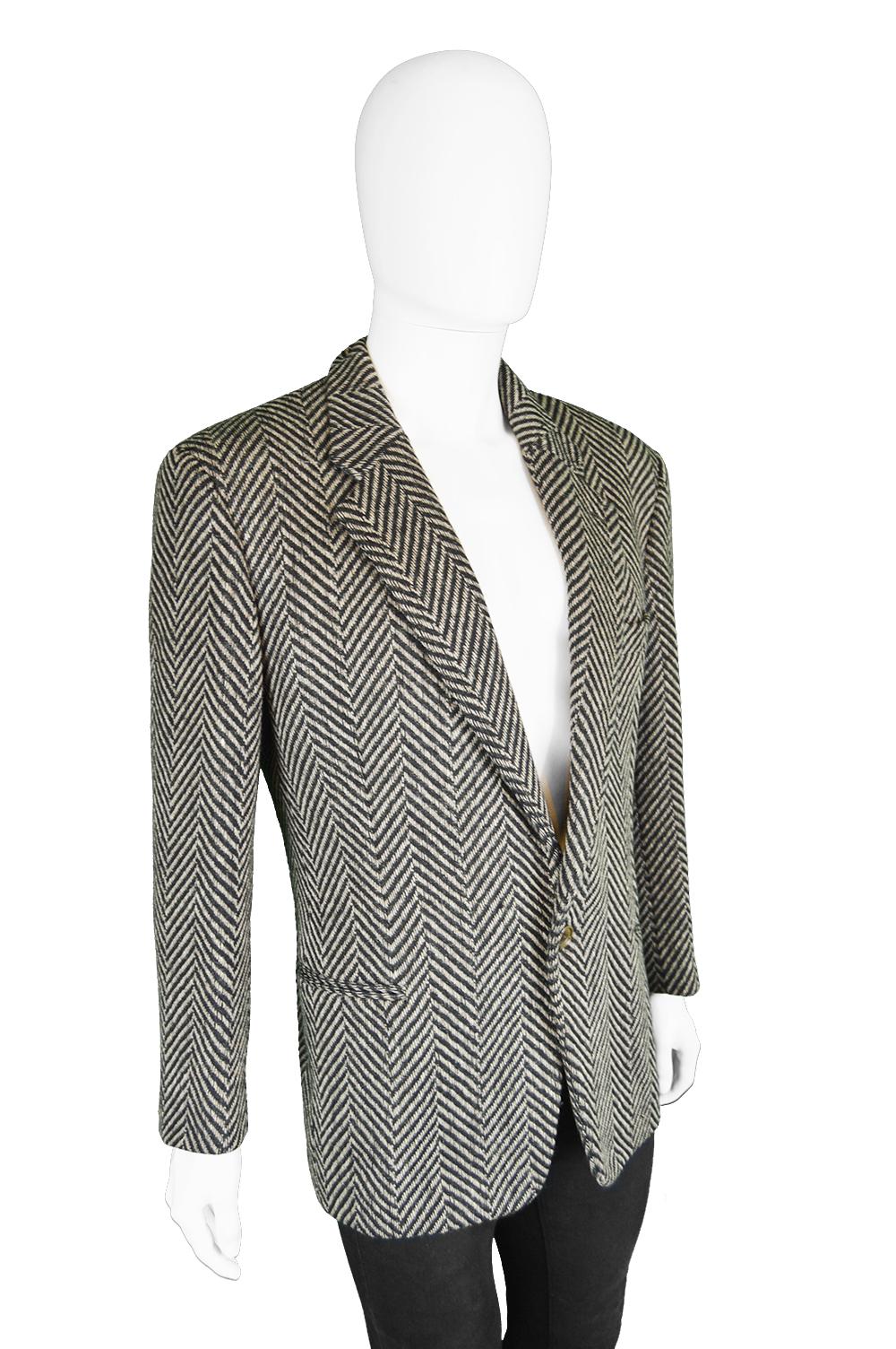 Gray Giorgio Armani Men's Vintage Wool Herringbone Sport Coat Blazer Jacket, c. 1980s