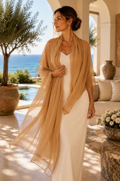 GIORGIO ARMANI Milano Long Silk Chiffon Beige Scarf Italy