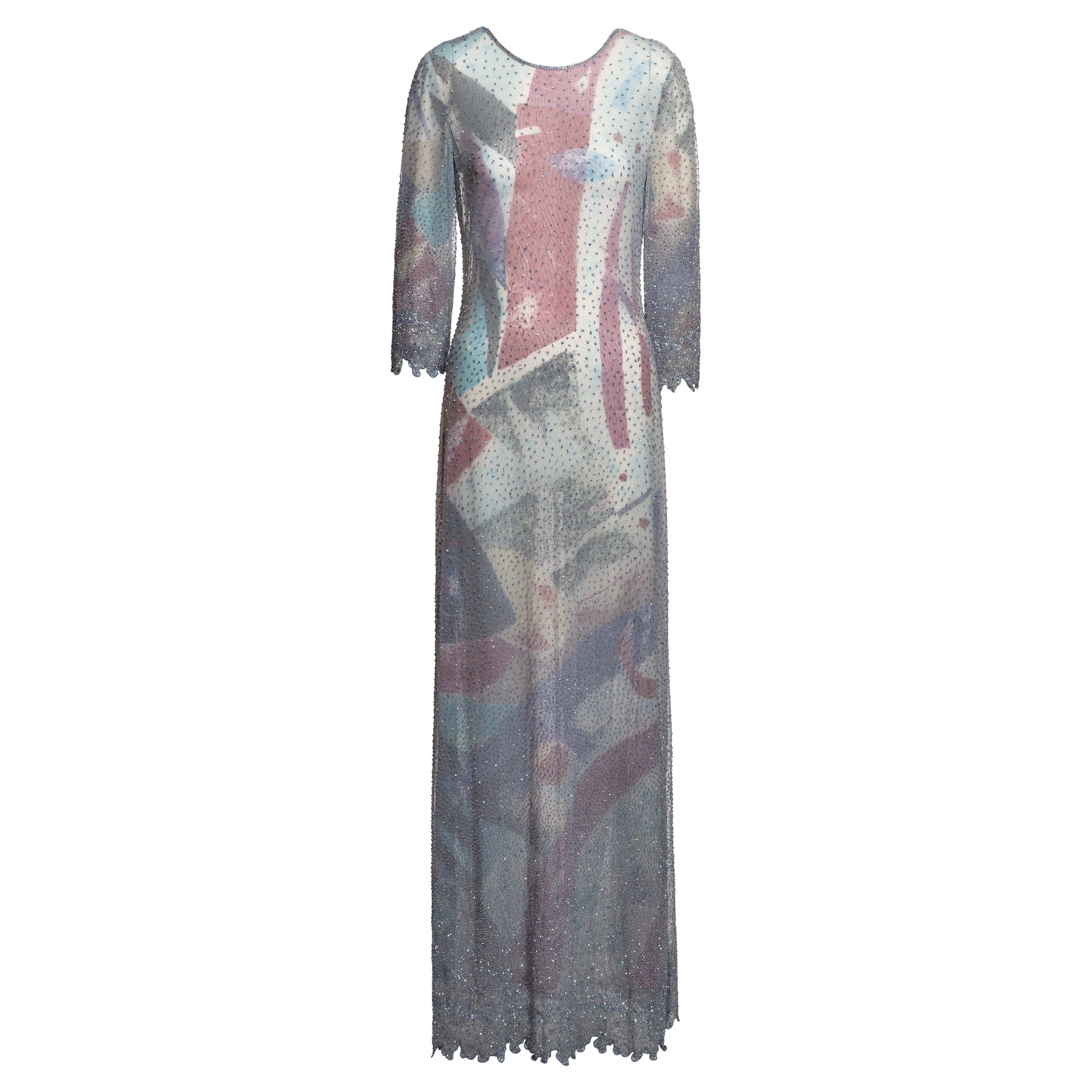 Giorgio Armani Mehrfarbig Perlenbesetztes Langärmeliges Abendkleid, SS 2000 im Angebot