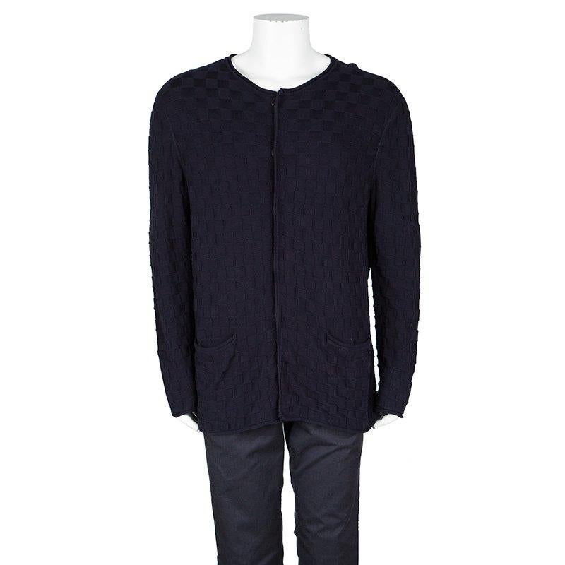 Black Giorgio Armani Navy Blue Basketweave Cotton Knit Cardigan XXL