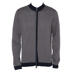Giorgio Armani Navy Blue & Beige Patterned Knit Zipper Front Jacket XXL
