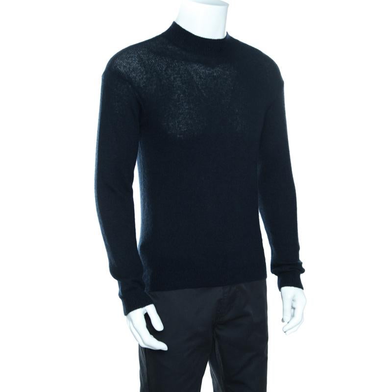 Black Giorgio Armani Navy Blue Cashmere and Silk Knit High Neck Sweater M
