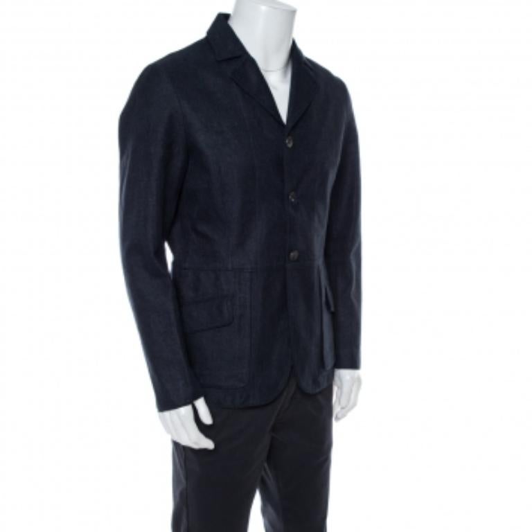 Black Giorgio Armani Navy Blue Linen & Wool Three Buttoned Jacket XL For Sale