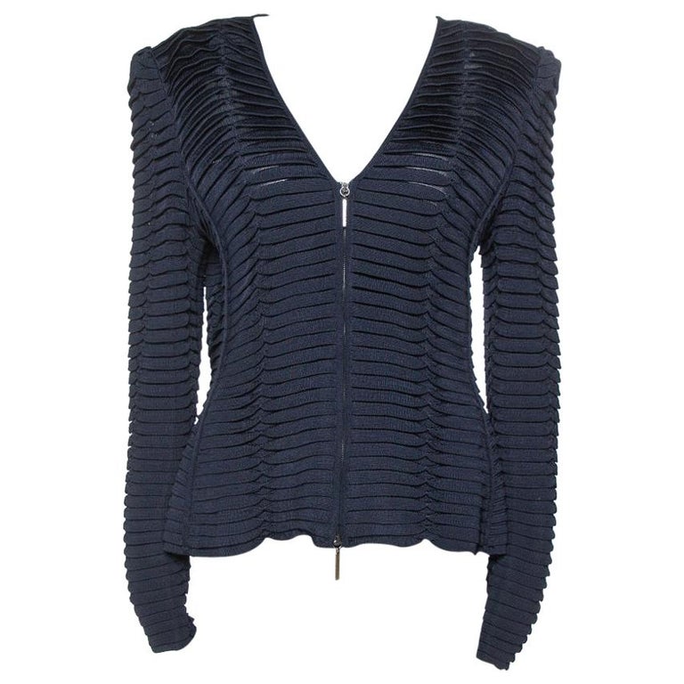 Giorgio Armani Navy Blue Pleated Knit Zip Front Jacket L at 1stDibs