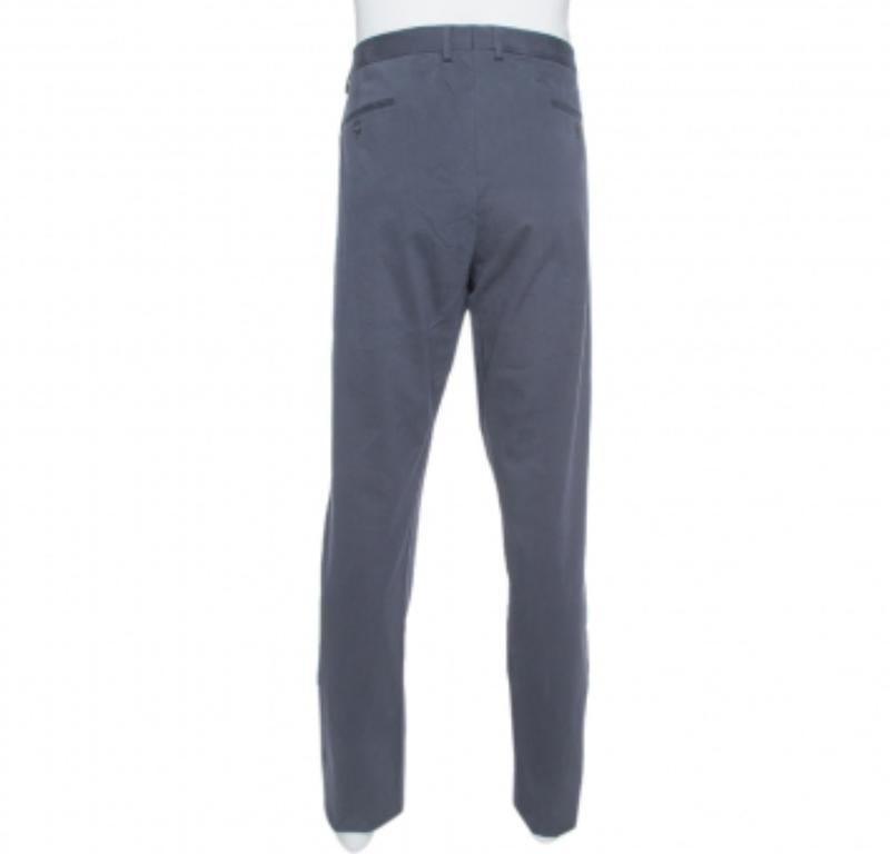 Gray Giorgio Armani Navy Blue Textured Cotton Classic Trousers 4XL For Sale