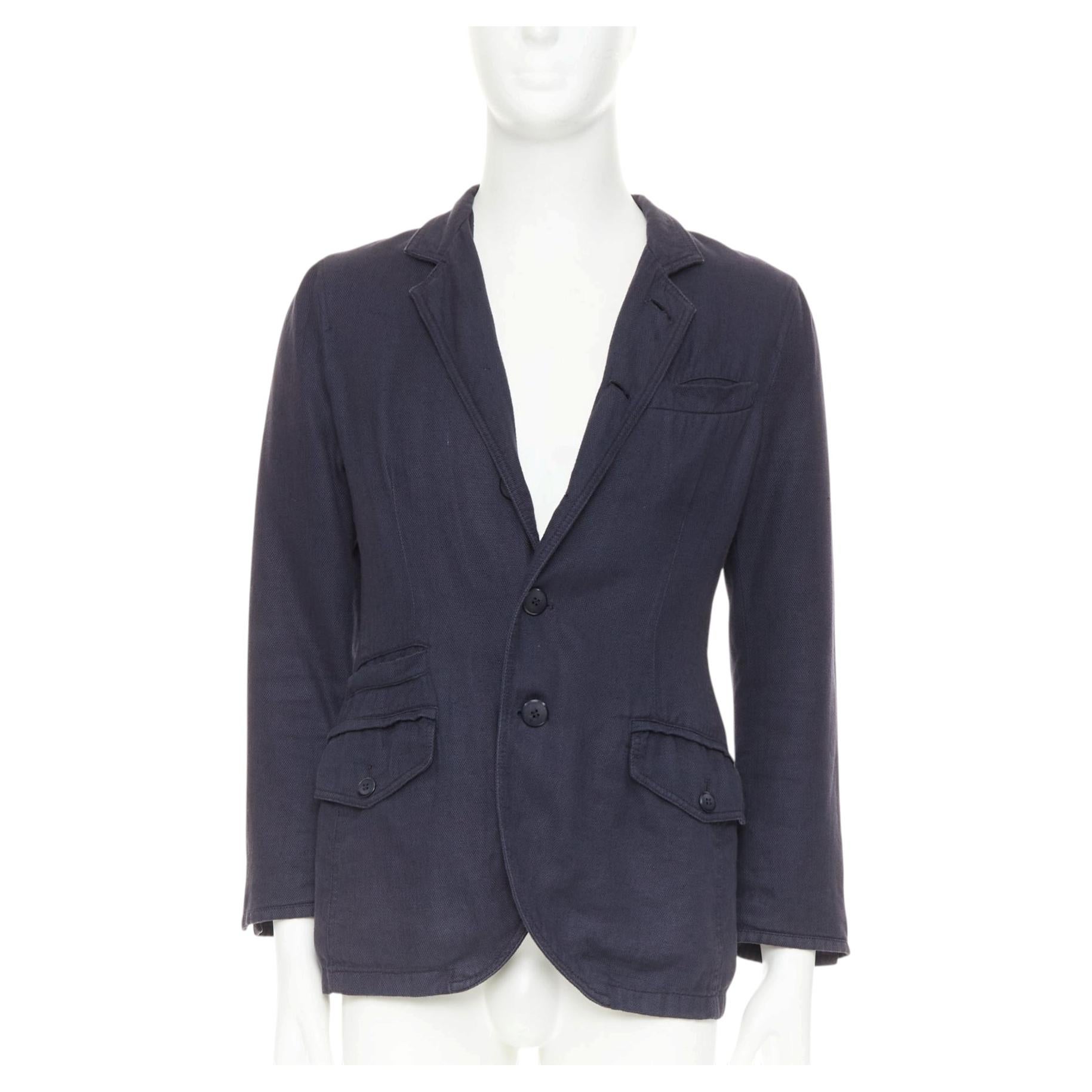 GIORGIO ARMANI navy linen cotton pique flap pockets relaxed blazer IT46 S
