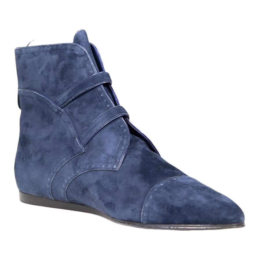 Giorgio Armani Navy Suede Buckled Ankle Boots Size IT 40