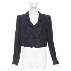 GIORGIO ARMANI navy textured shiny flap pockets cropped evening jacket blazer XL