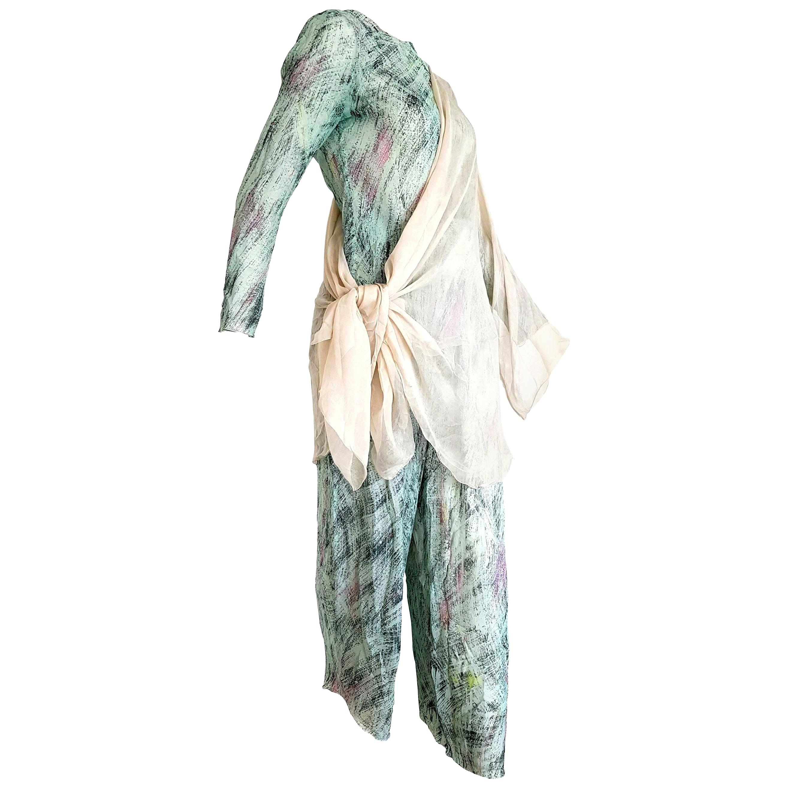 Giorgio ARMANI "New" Green Abstract Design Chiffon 3 pcs Silk Ensemble - Unworn For Sale