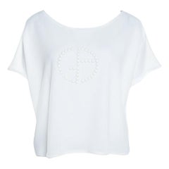 Giorgio Armani Off White Knit Studded Logo Detail Cropped T-Shirt L