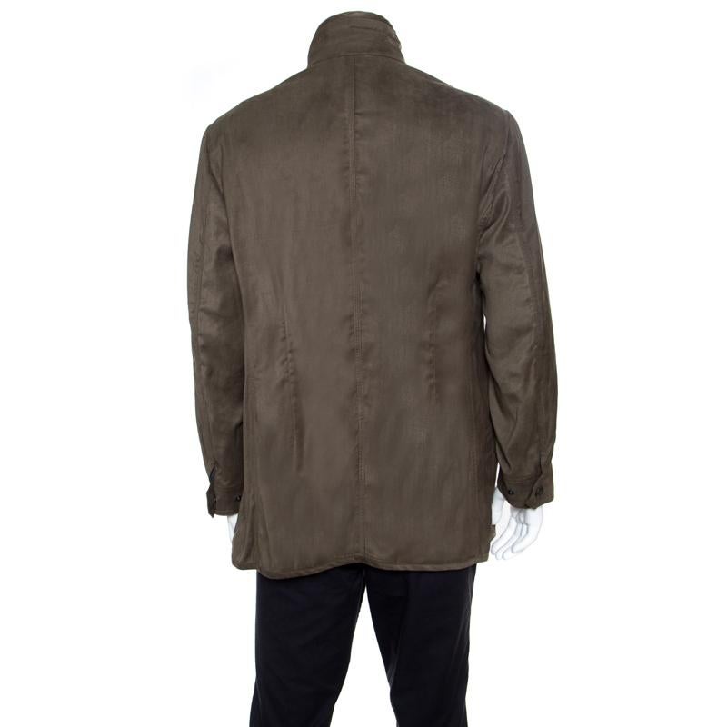 This olive green jacket from Giorgio Armani is one item your closet will love. Made from faux suede, it carries pockets, a full front zipper, and long sleeves. This number is a must-buy.

Includes: The Luxury Closet Packaging

