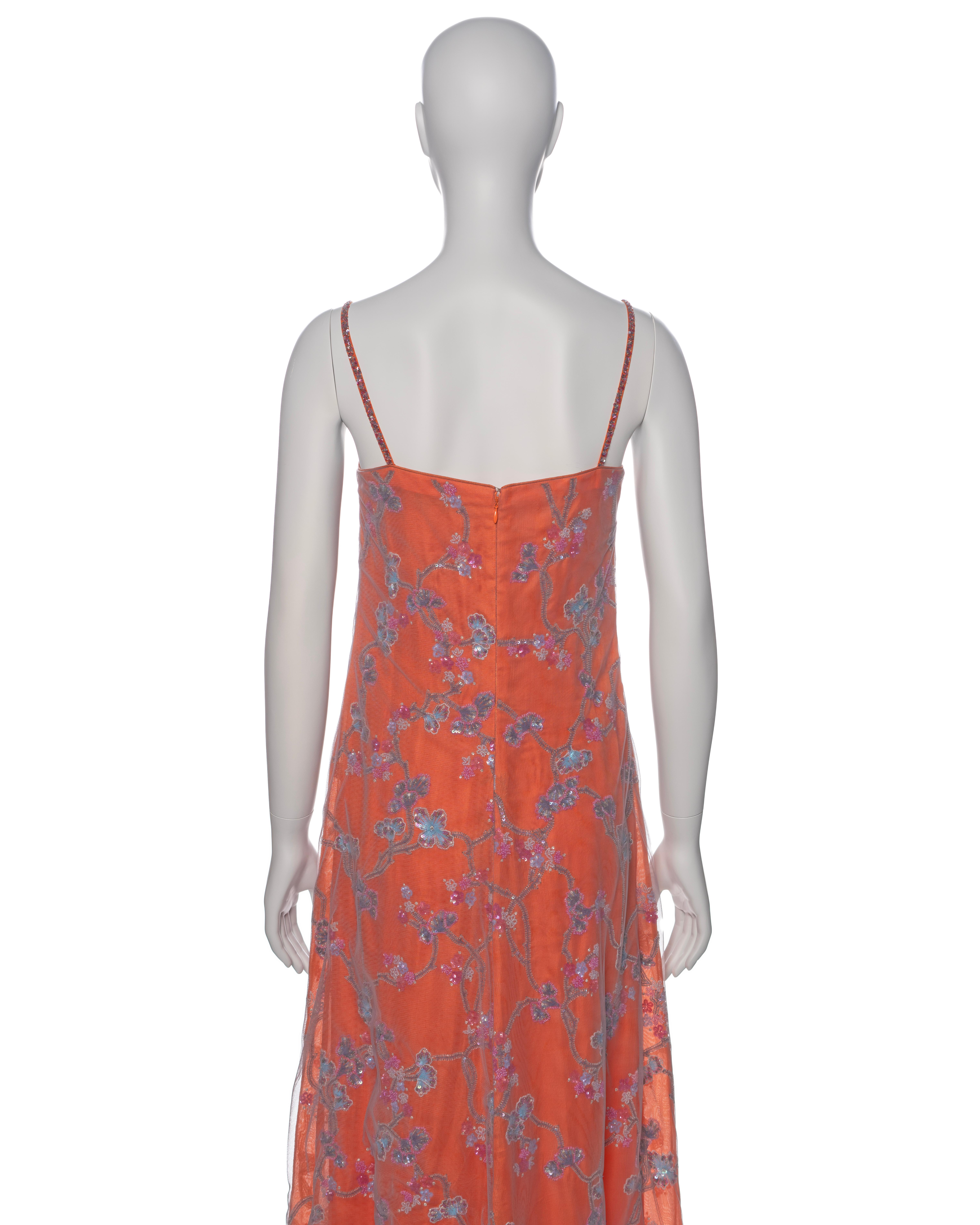 Giorgio Armani Orange Silk Beaded Evening Dress With Organza Overlay, SS 1999 10