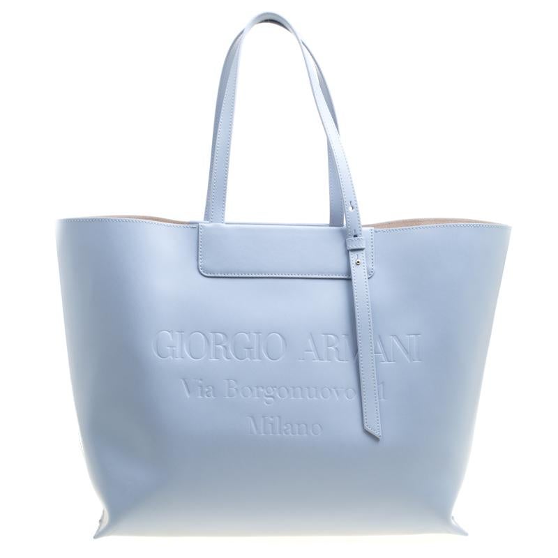 Giorgio Armani Pale Blue Leather Shopper Tote For Sale at 1stDibs | blue tote bag, blue handbag, pale blue leather bag