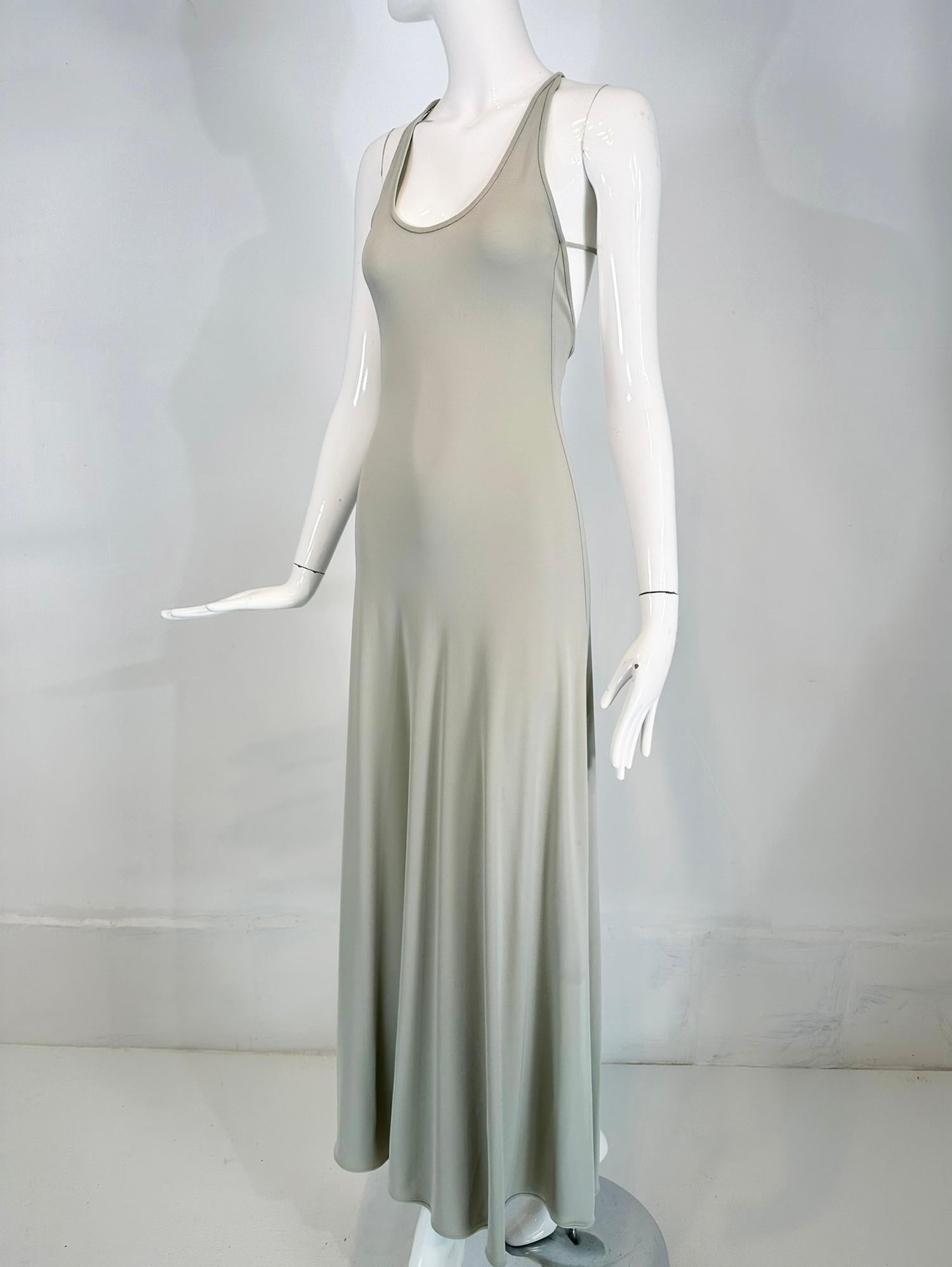 Giorgio Armani Pale Grey Bias Jersey Halter Neck Open Back Maxi Dress 1990s 8 In Good Condition In West Palm Beach, FL