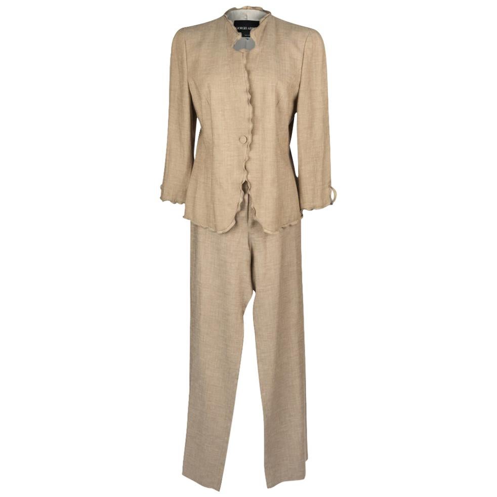 Giorgio Armani Pant Suit Neutral Nude Small Ruffle Detail 48 Fits 8 / 10