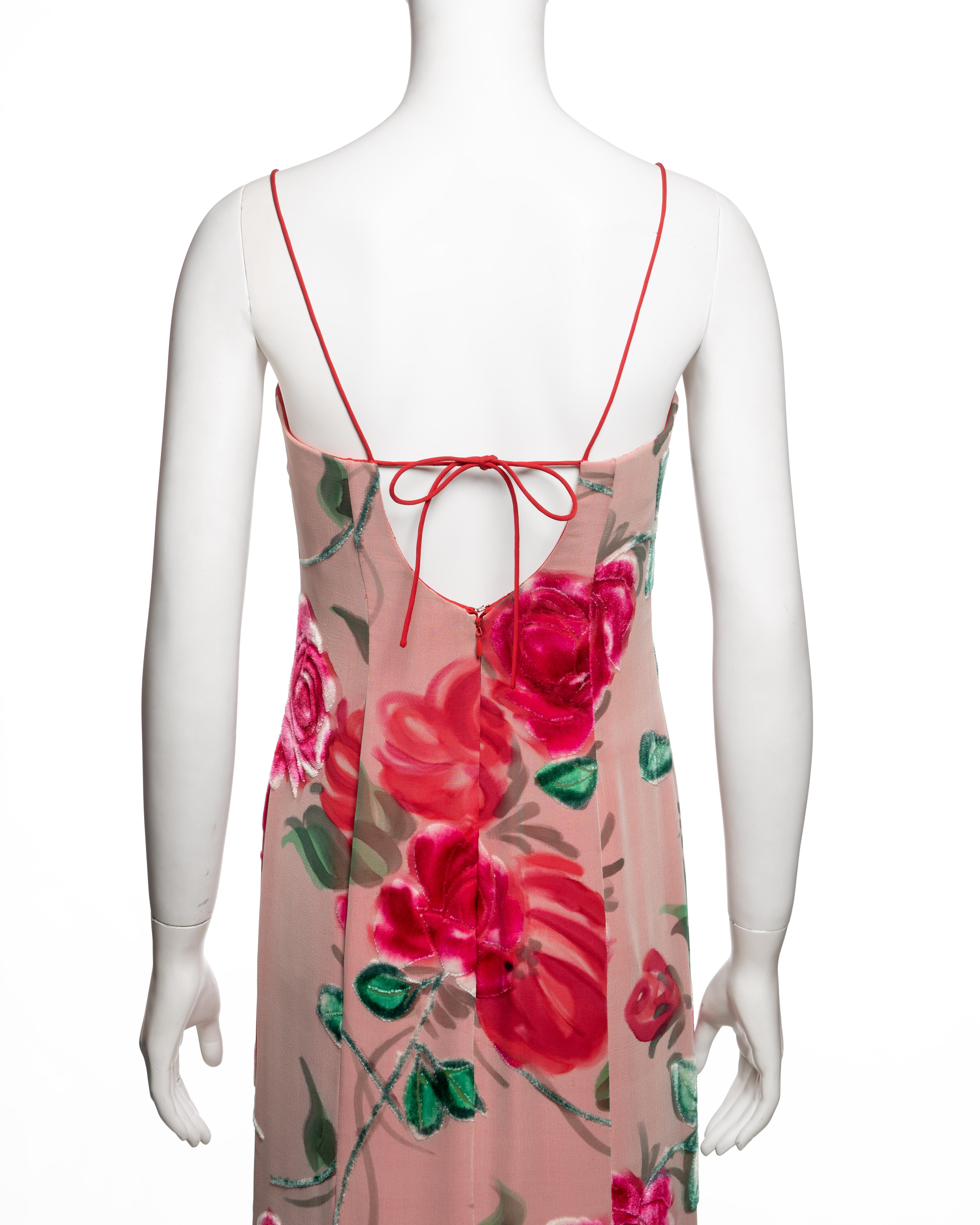 Giorgio Armani Rosafarbenes, geblümtes Spaghetti-Träger-Abendkleid aus Samt, FW 1996 im Angebot 5