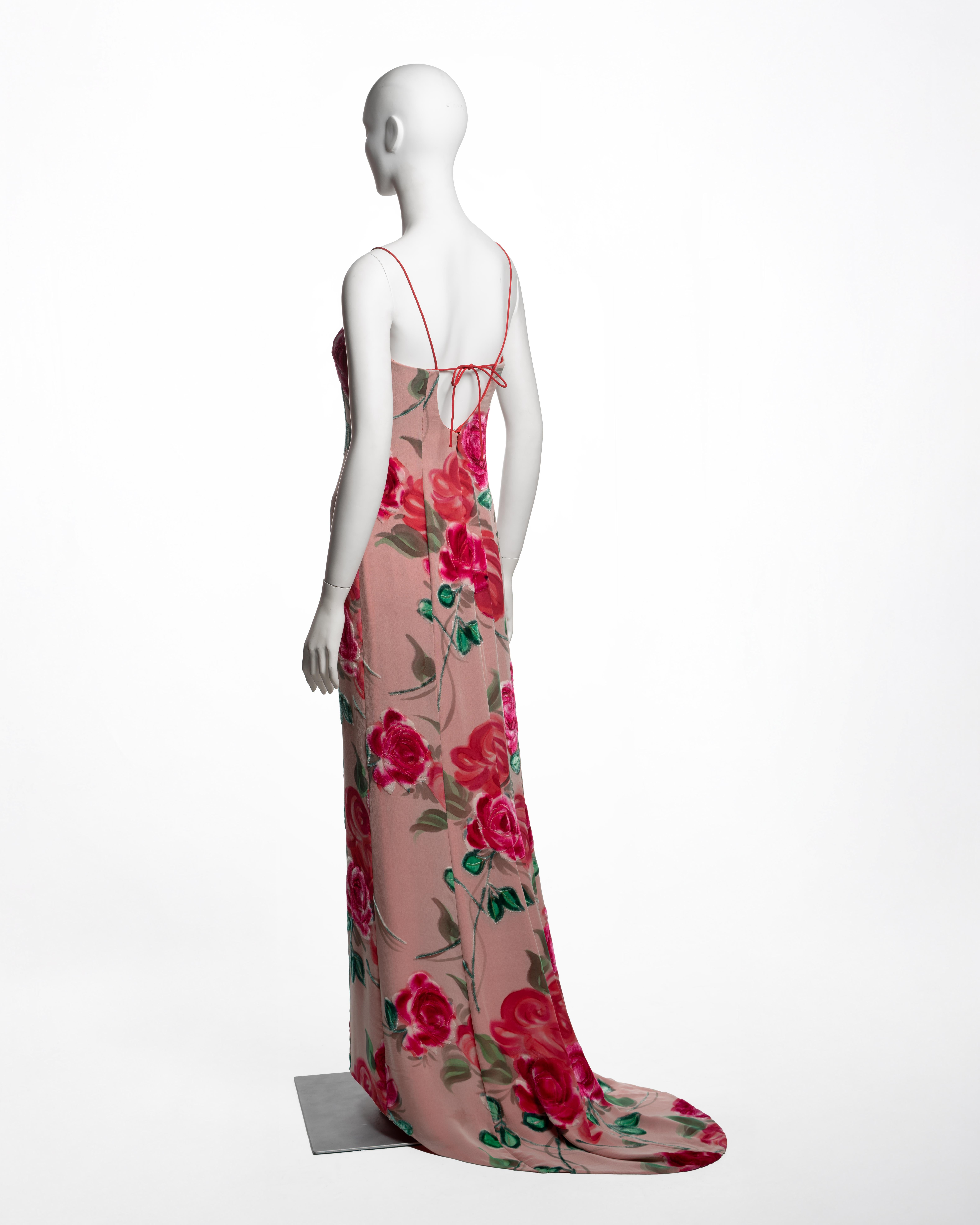 Giorgio Armani Rosafarbenes, geblümtes Spaghetti-Träger-Abendkleid aus Samt, FW 1996 im Angebot 6