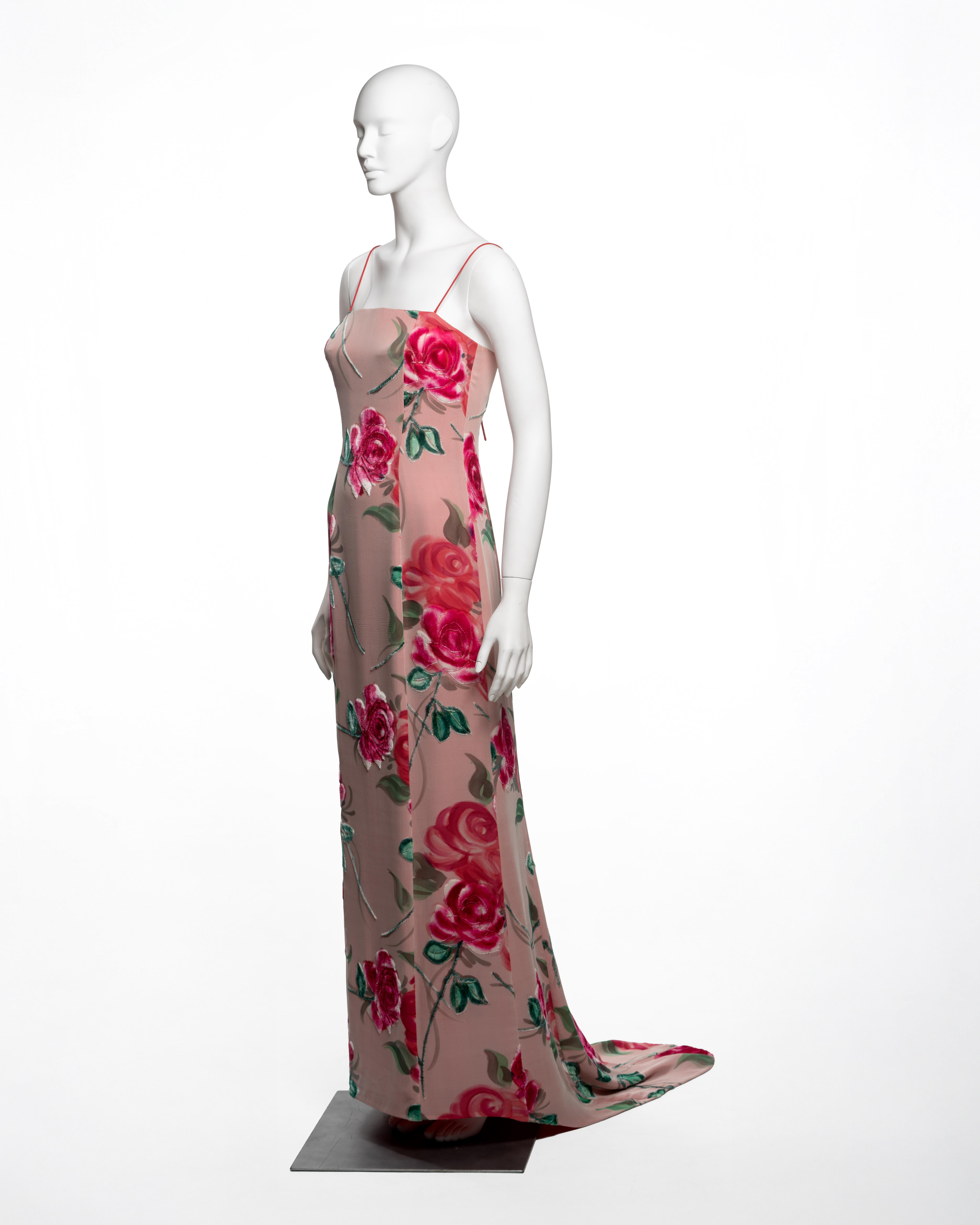 Giorgio Armani Rosafarbenes, geblümtes Spaghetti-Träger-Abendkleid aus Samt, FW 1996 im Angebot 7