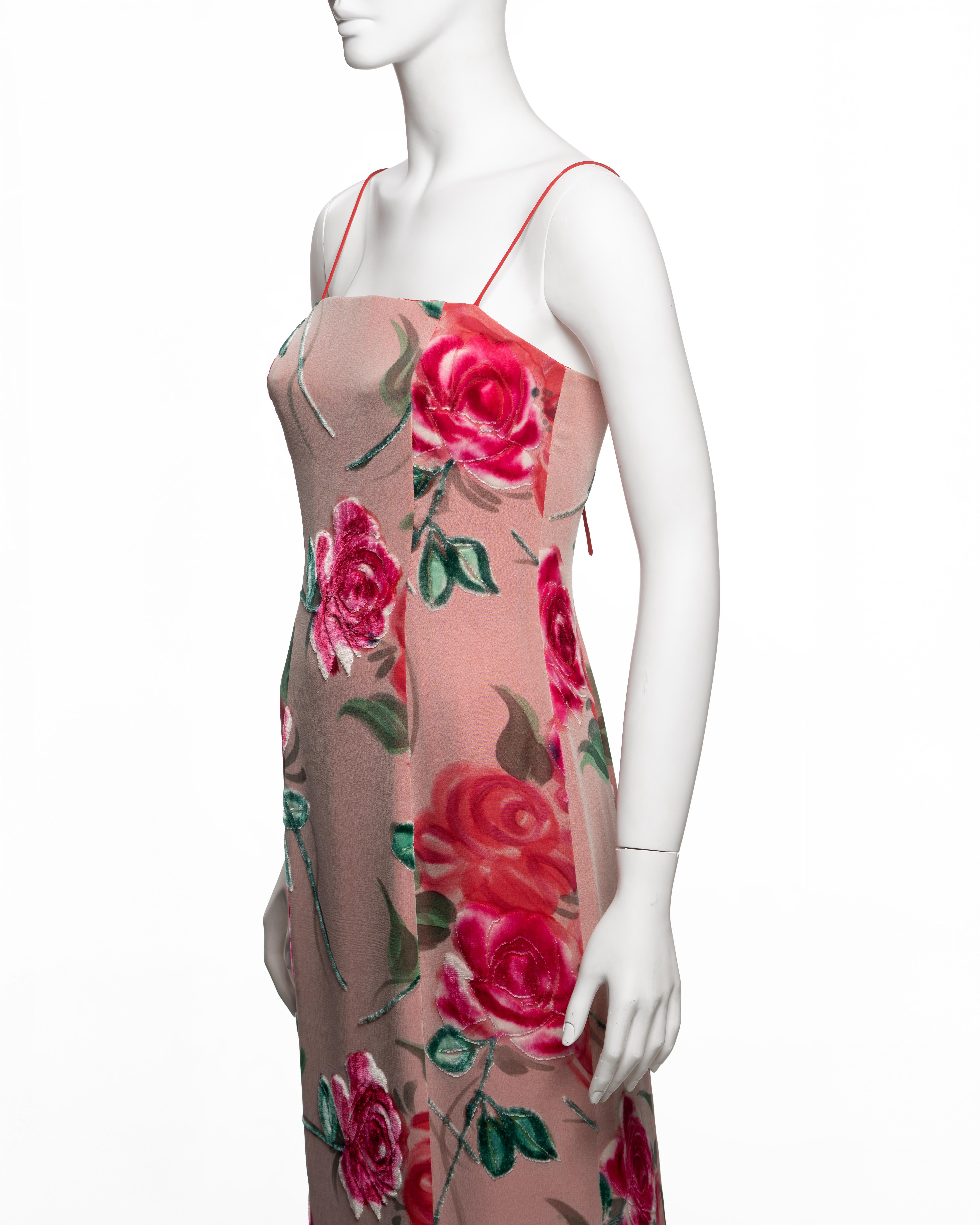 Giorgio Armani Rosafarbenes, geblümtes Spaghetti-Träger-Abendkleid aus Samt, FW 1996 im Angebot 8