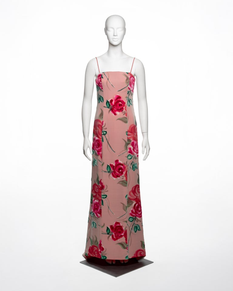 armani silk chiffon dress with delicate floral print Giorgio Pink Velvet-Devoré Spaghetti Strap Evening Dress, FW 1996 For Sale at 1stDibs Fashion show Size:16+$30 Mahi Gold Flora Tube Mesh Maxi slinky lines that drape