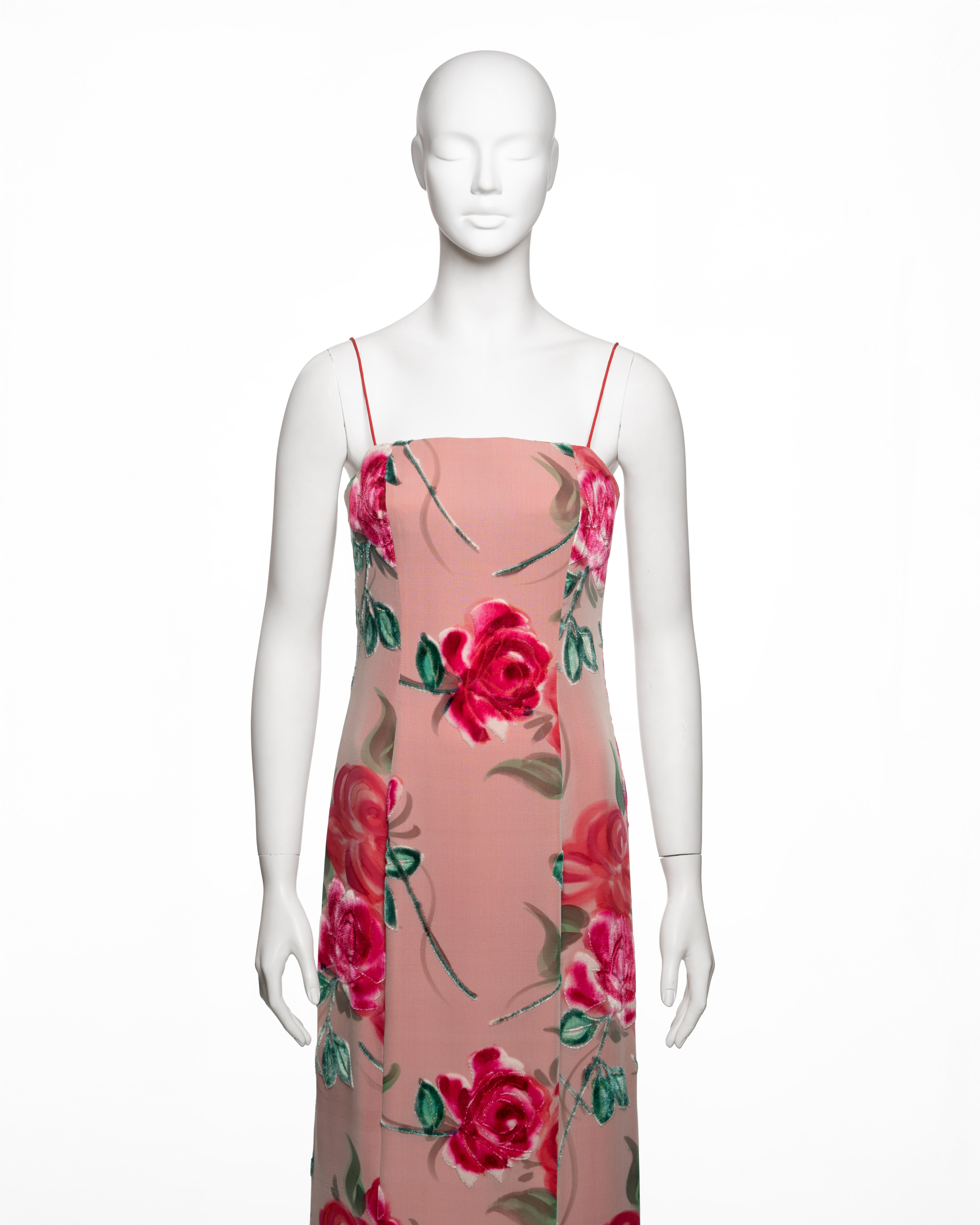 Giorgio Armani Rosafarbenes, geblümtes Spaghetti-Träger-Abendkleid aus Samt, FW 1996 (Pink) im Angebot