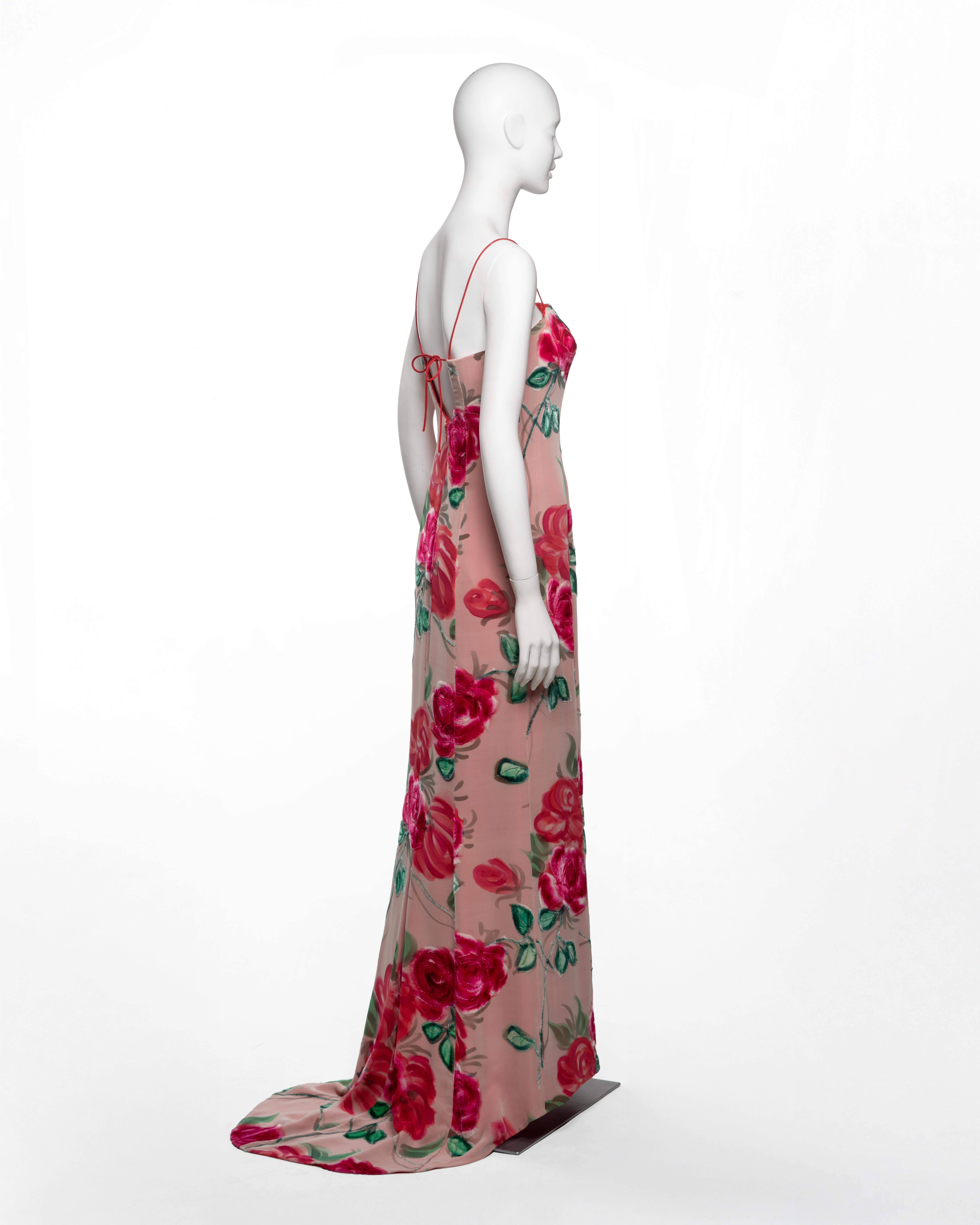 Giorgio Armani Rosafarbenes, geblümtes Spaghetti-Träger-Abendkleid aus Samt, FW 1996 im Angebot 3
