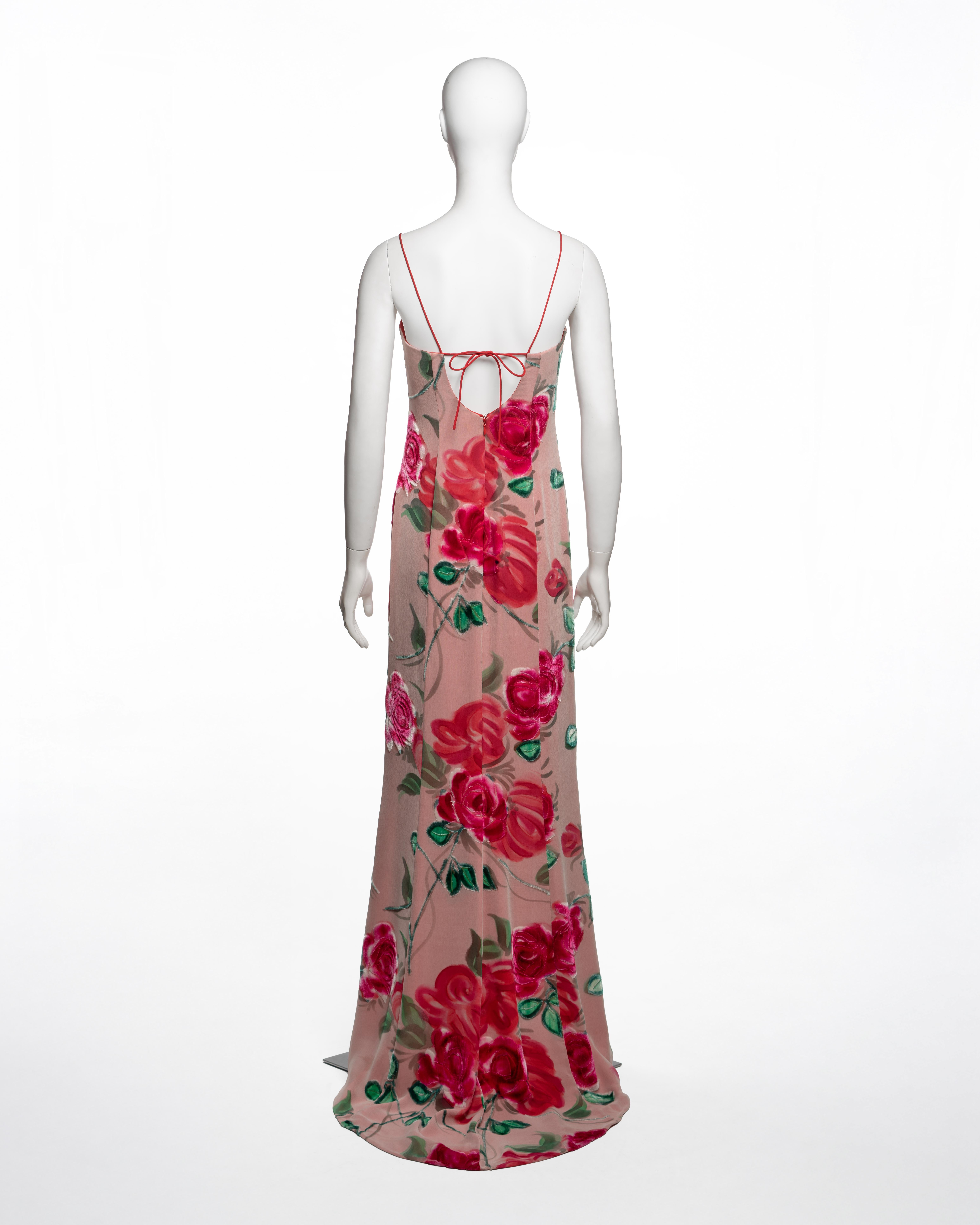 Giorgio Armani Rosafarbenes, geblümtes Spaghetti-Träger-Abendkleid aus Samt, FW 1996 im Angebot 4