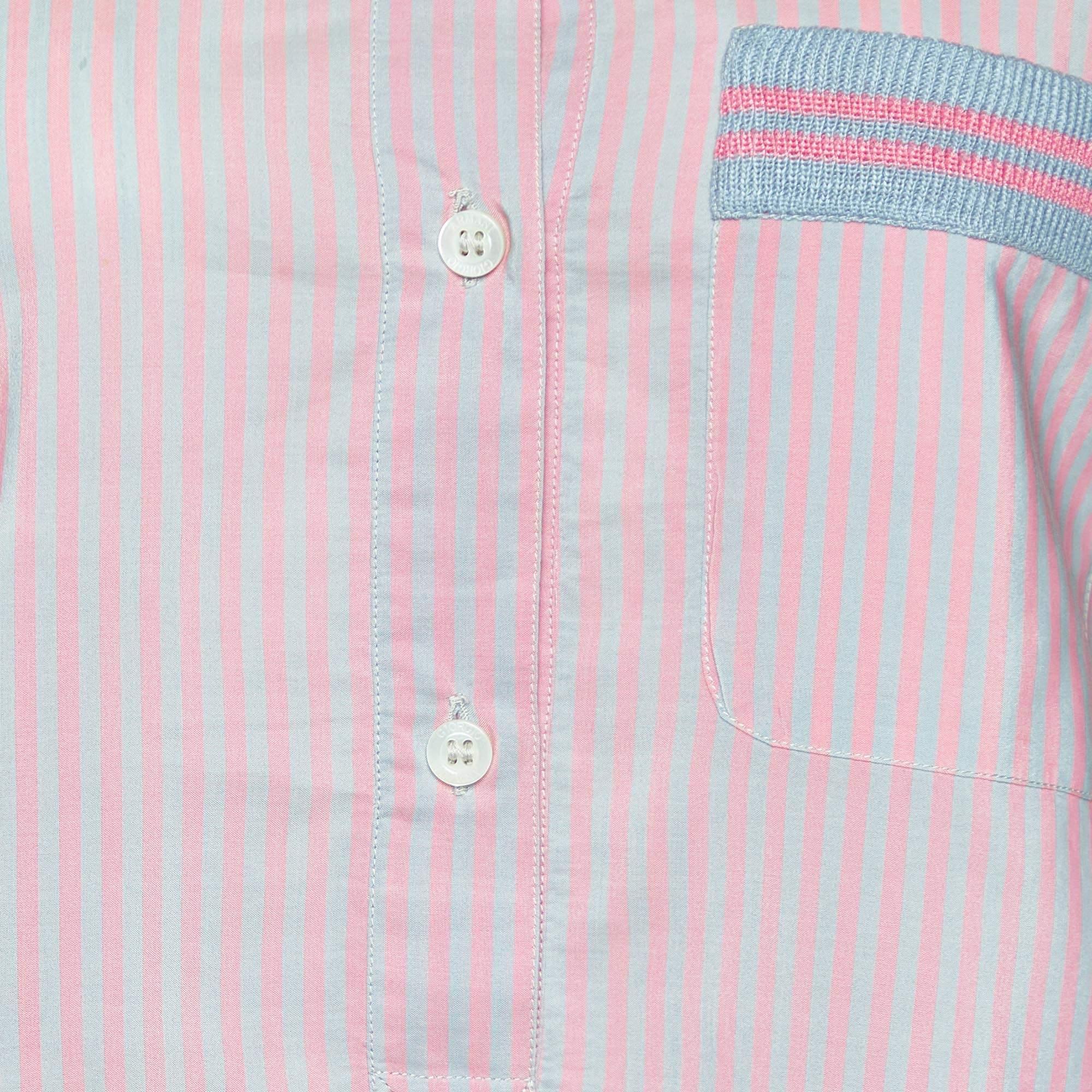 Gray Giorgio Armani Pink Stripe Poplin Half Placket Shirt M For Sale