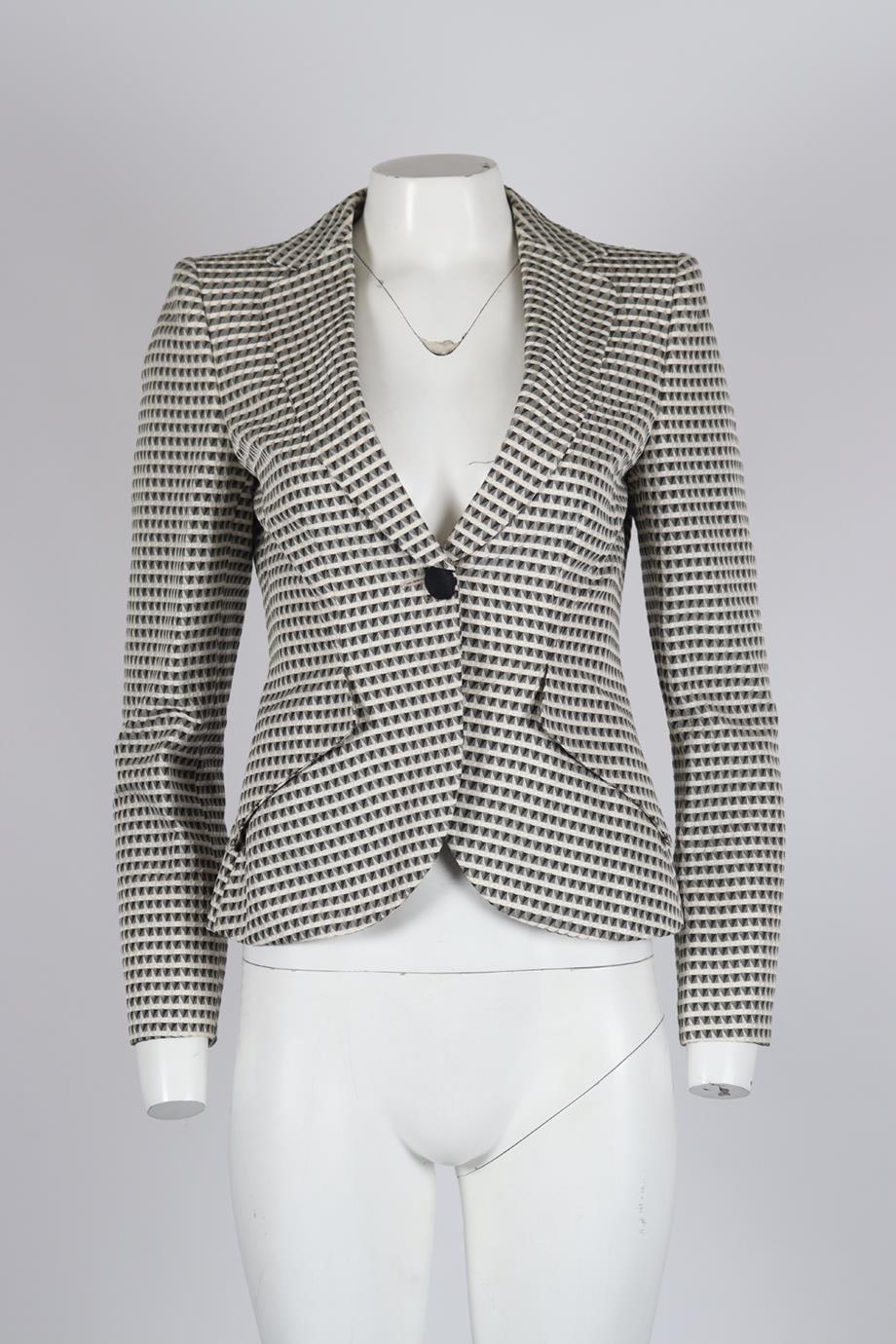 Giorgio Armani Printed Cotton And Silk Blend Blazer. Multi. Long Sleeve. V-Neck. Button fastening - Front. 71% Cotton, 29% silk; lining: 100% silk. IT 42 (UK 10, US 6, FR 38). Bust: 35 in. Waist: 31 in. Hips: 38 in. Length: 22 in. Condition: Used.