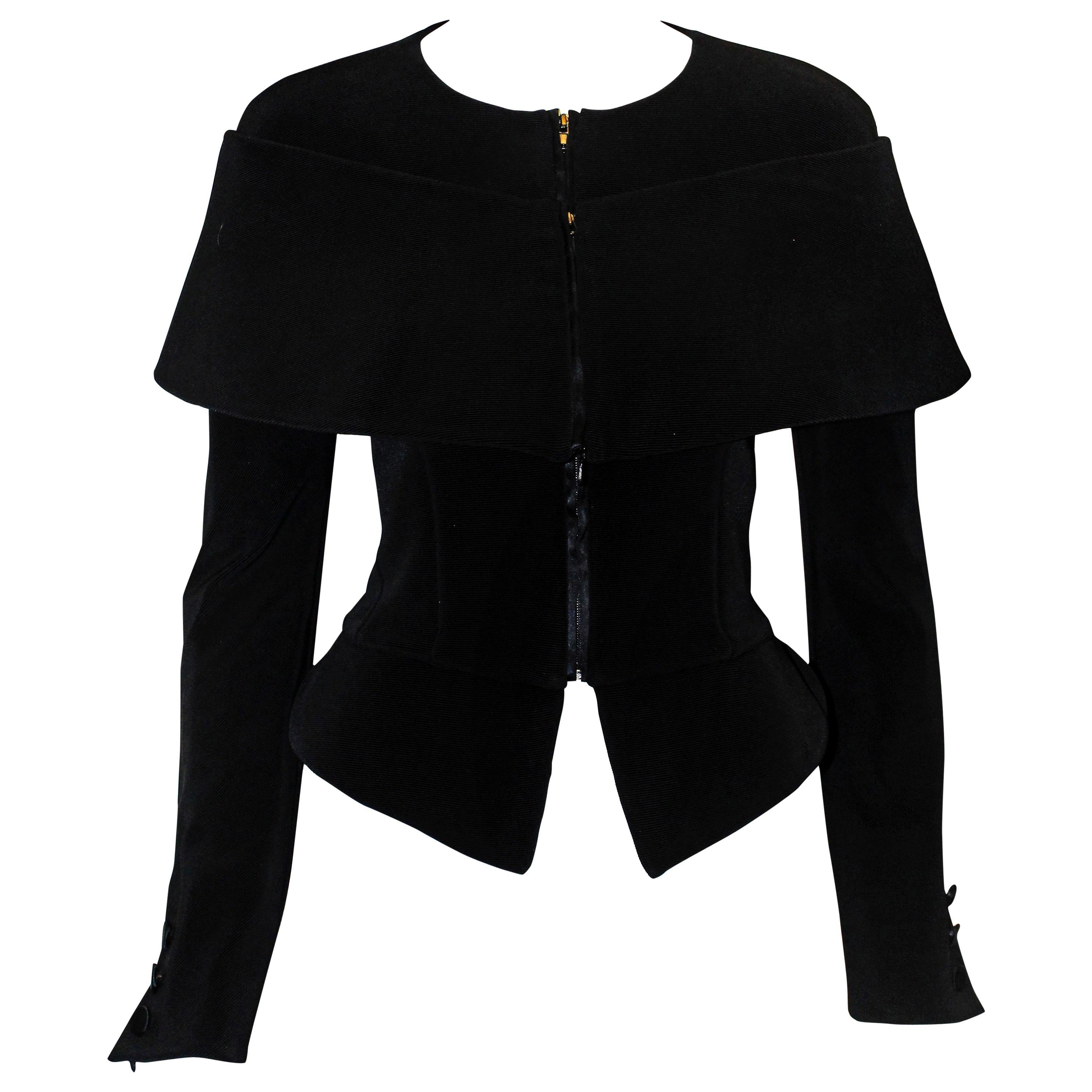 Giorgio Armani Ribbed Black Silk Jacket With Off Shoulder Short Cape Size 10 US For Sale