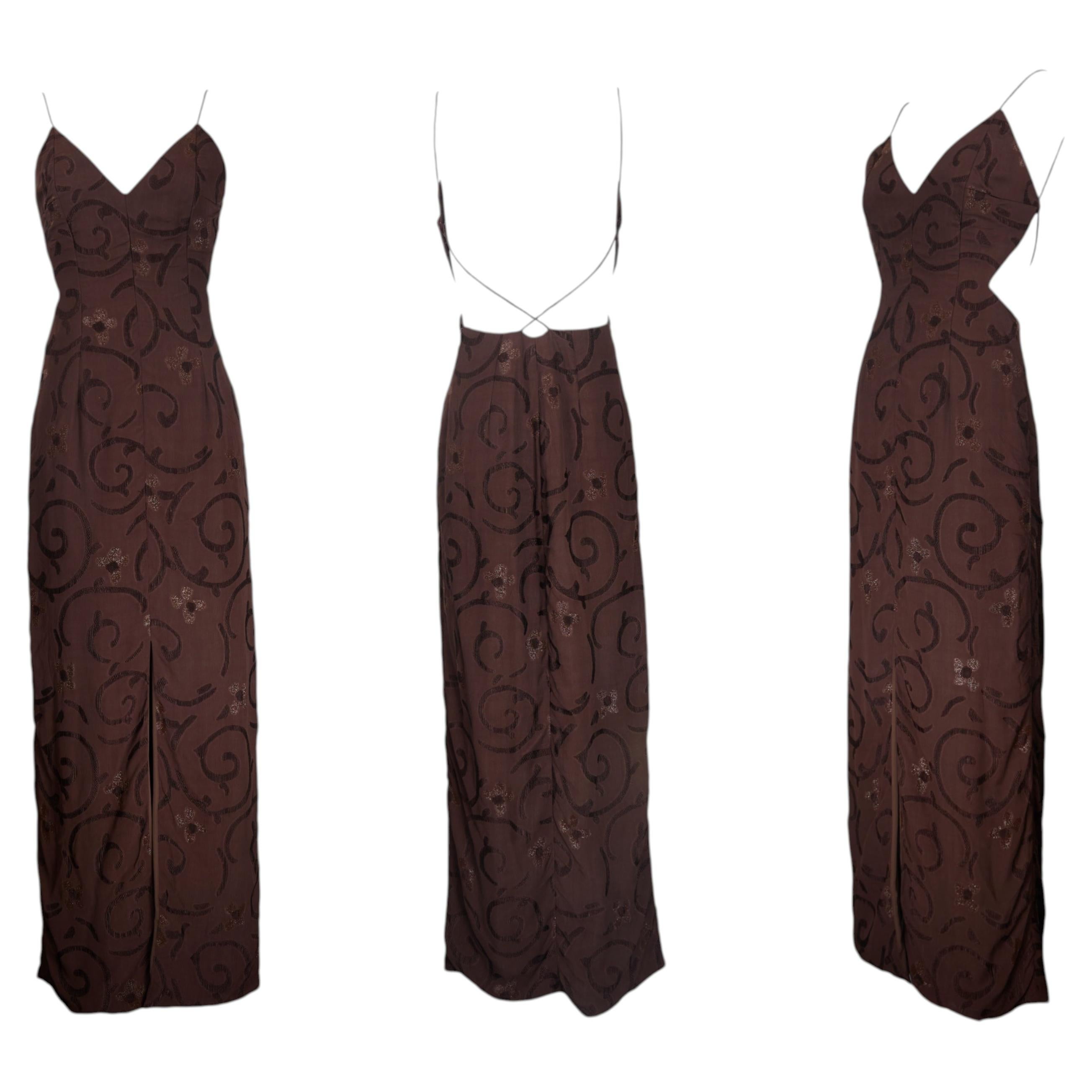GIORGIO ARMANI S/s 1997 Brown Floral Backless High Slit Dress Gown