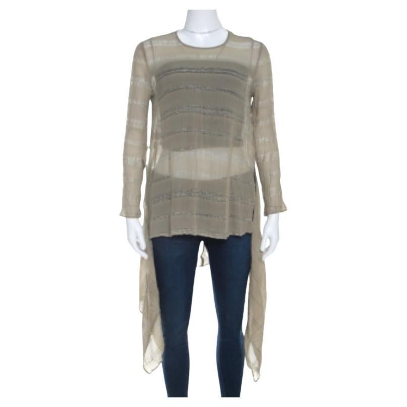 Giorgio Armani Sage Green Sheer Linen Silk Asymmetric Hem Long Sleeve Blouse M