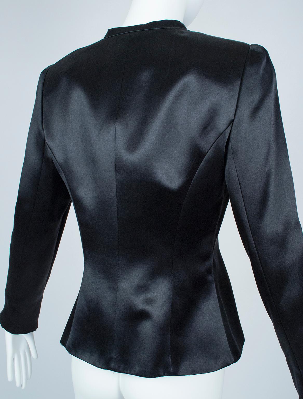 Giorgio Armani Black Lacquered Satin Ruffle Placket Evening Jacket - It 42, 2003 For Sale 6