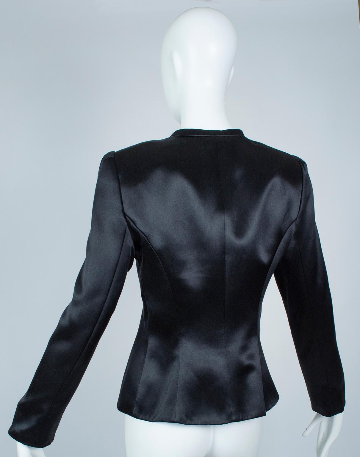 Giorgio Armani Black Lacquered Satin Ruffle Placket Evening Jacket - It 42, 2003 In Excellent Condition For Sale In Tucson, AZ